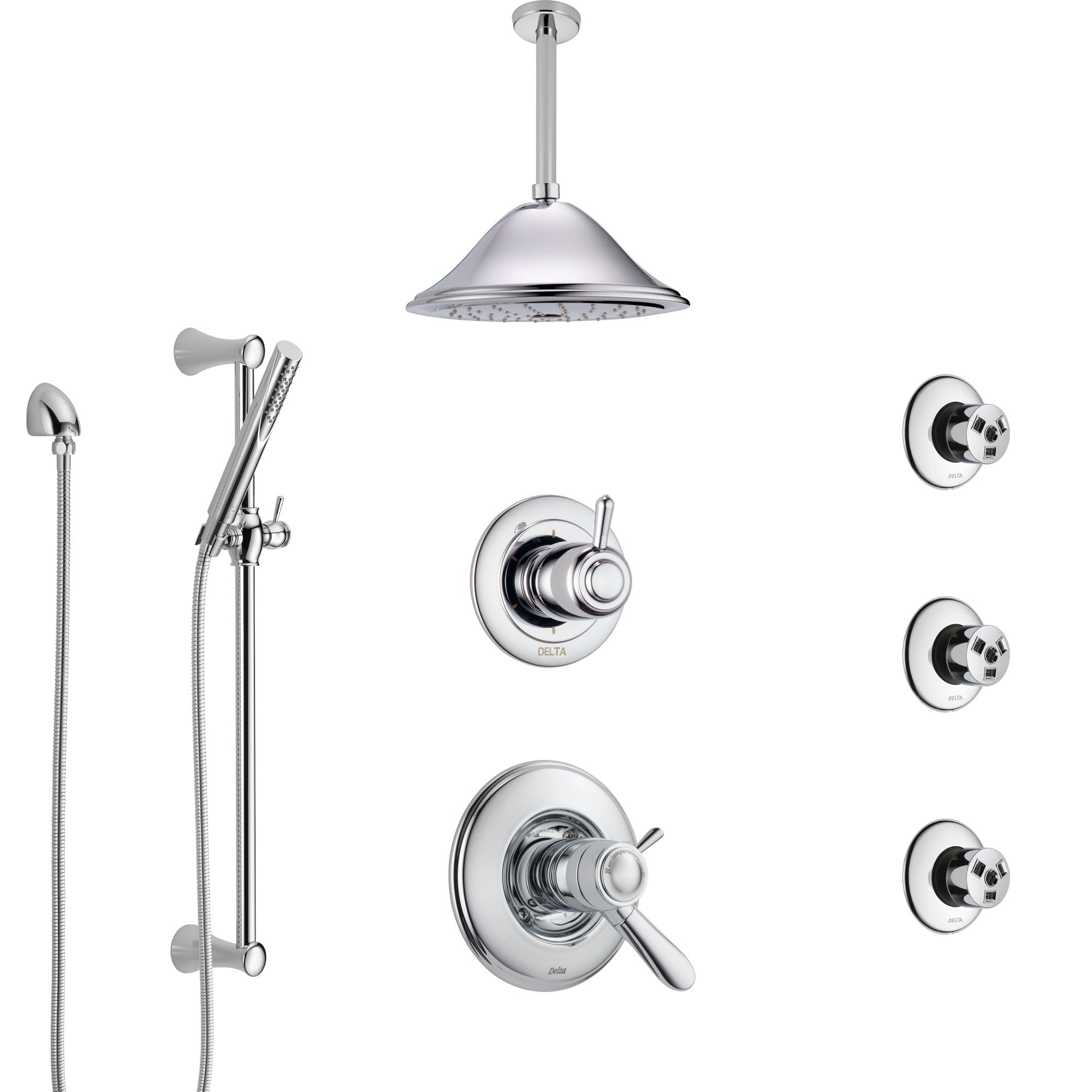 Delta Lahara Chrome Shower System with Dual Thermostatic Control, Diverter, Ceiling Mount Showerhead, 3 Body Sprays, and Hand Shower SS17T3824