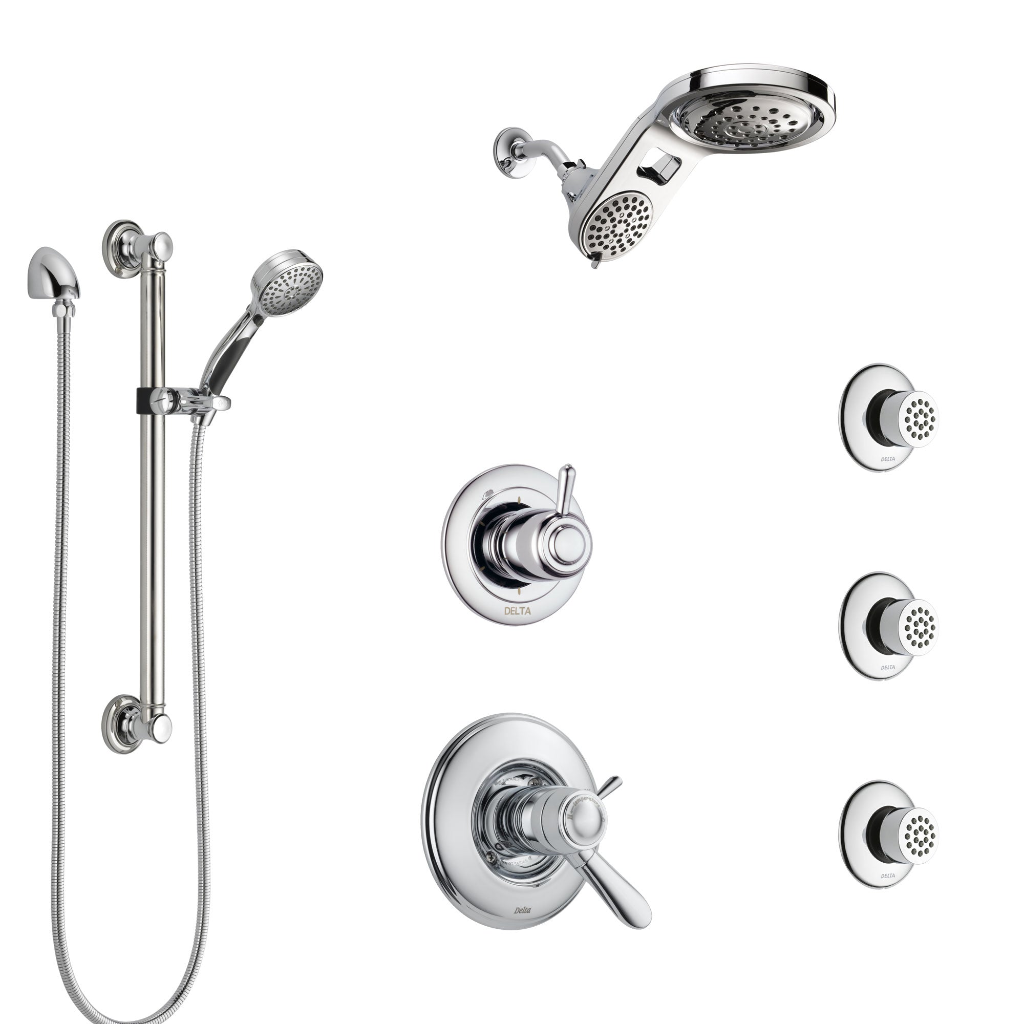 Delta Lahara Chrome Shower System with Dual Thermostatic Control, Diverter, Dual Showerhead, 3 Body Sprays, and Hand Shower with Grab Bar SS17T3827