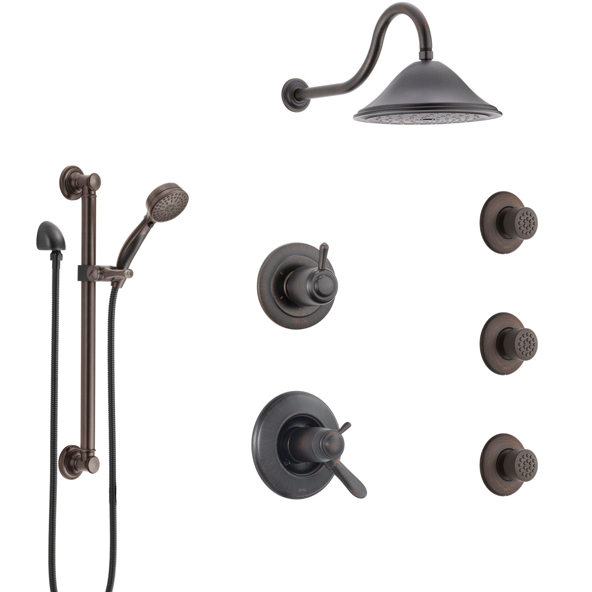 Delta Lahara Venetian Bronze Shower System with Dual Thermostatic Control, Diverter, Showerhead, 3 Body Sprays, and Grab Bar Hand Shower SS17T382RB5