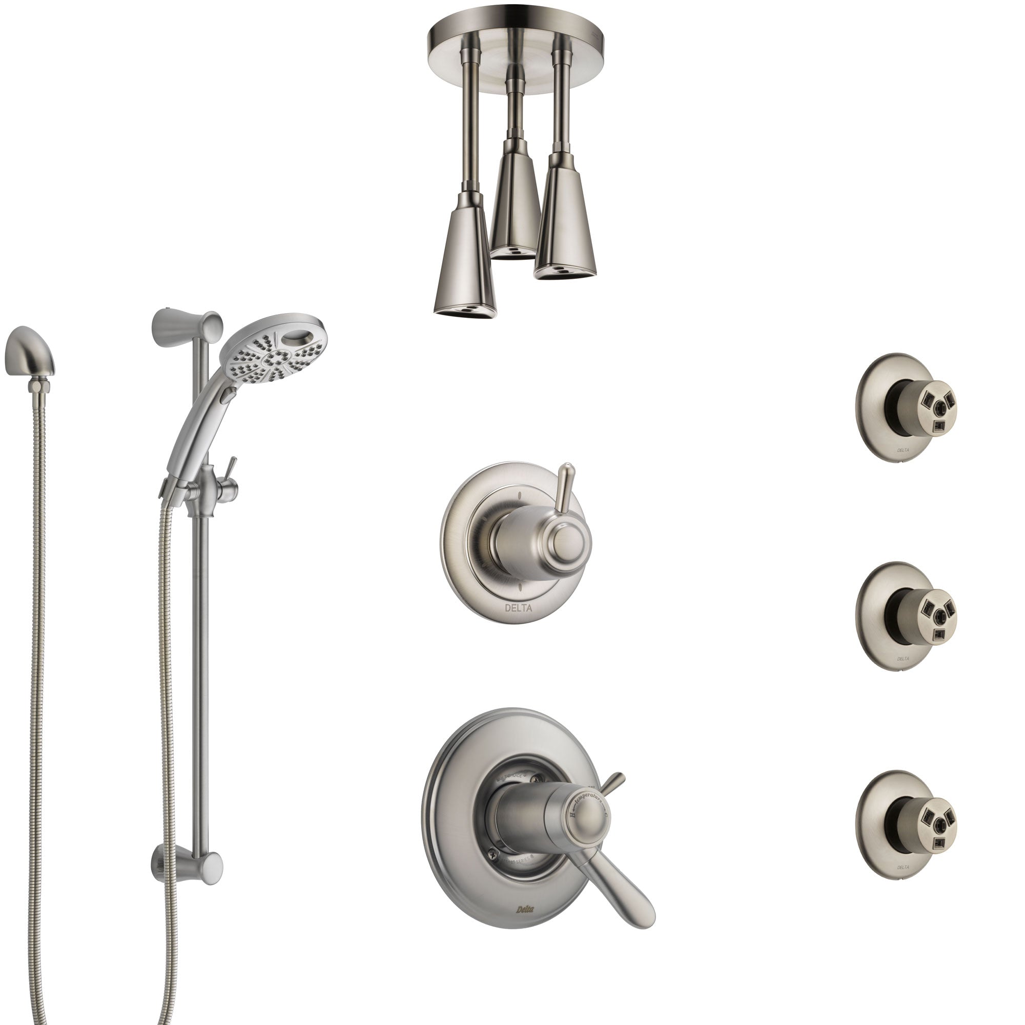 Delta Lahara Thermostatic Control Stainless Steel Finish Shower System, Diverter, Ceiling Showerhead, 3 Body Sprays, & Temp2O Hand Shower SS17T382SS4