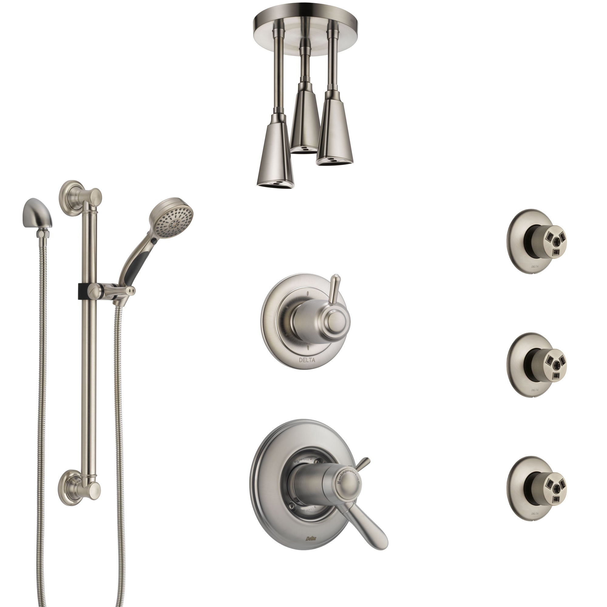 Delta Lahara Dual Thermostatic Control Stainless Steel Finish Shower System with Ceiling Showerhead, 3 Body Jets, Grab Bar Hand Spray SS17T382SS5