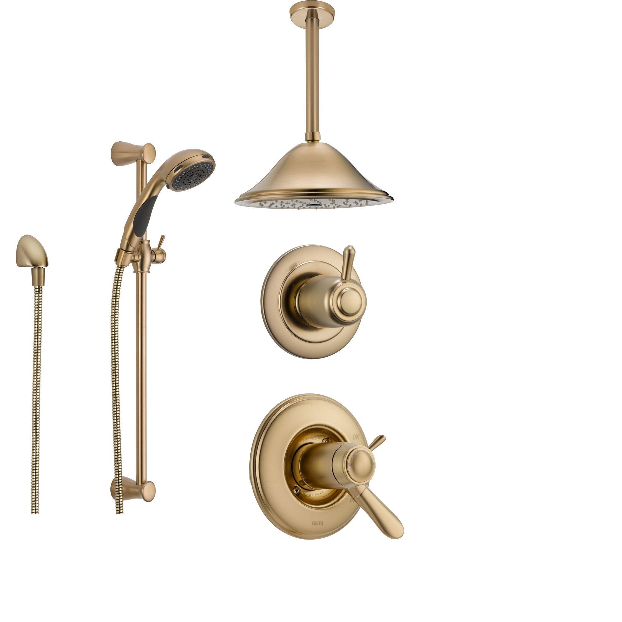 Delta Lahara Champagne Bronze Shower System with Thermostatic Shower Handle, 3-setting Diverter, Ceiling Mount Shower Head, and Hand Shower SS17T3883CZ
