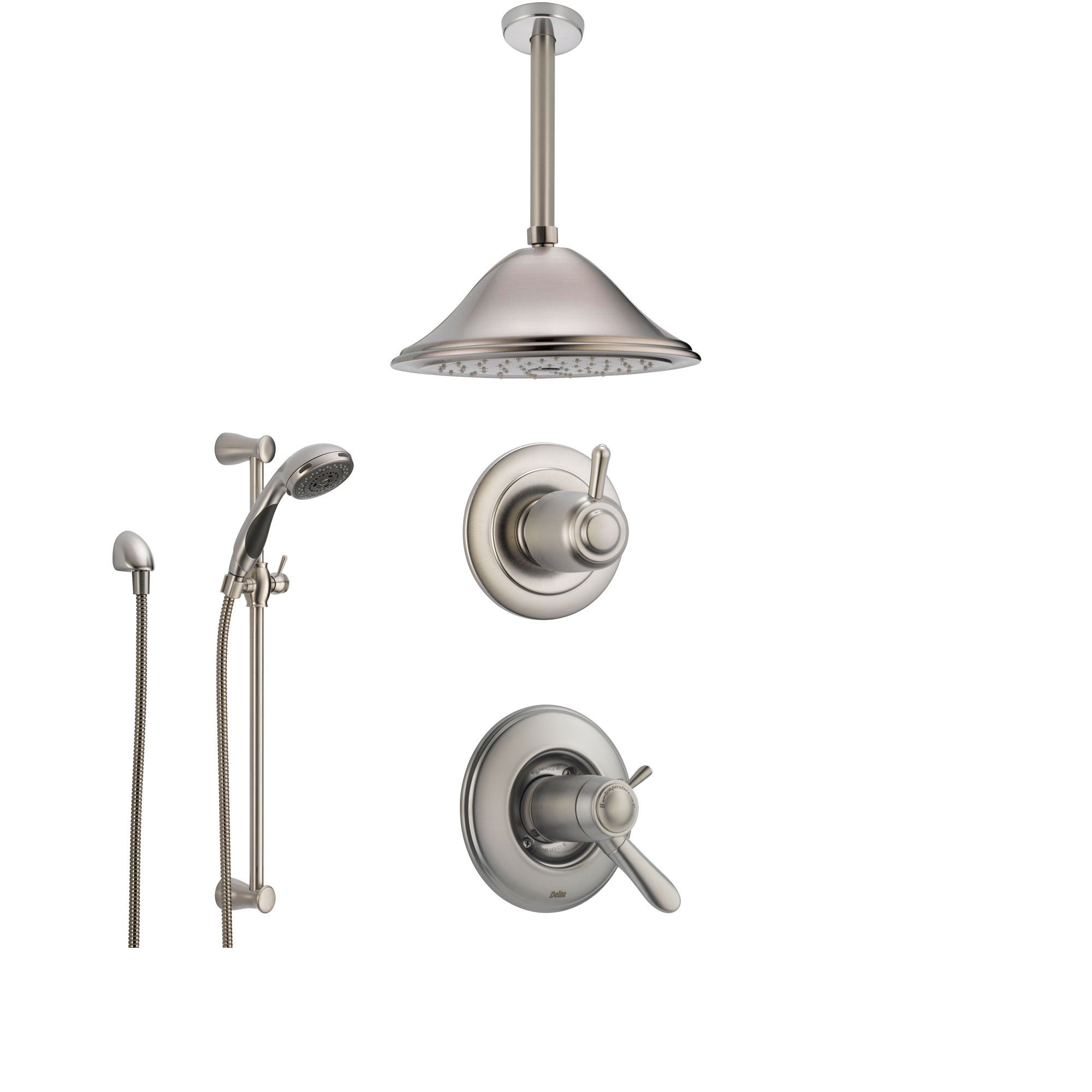 Delta Lahara Stainless Steel Shower System with Thermostatic Shower Handle, 3-setting Diverter, Large Ceiling Mount Rain Showerhead, and Handheld Shower Spray SS17T3883SS