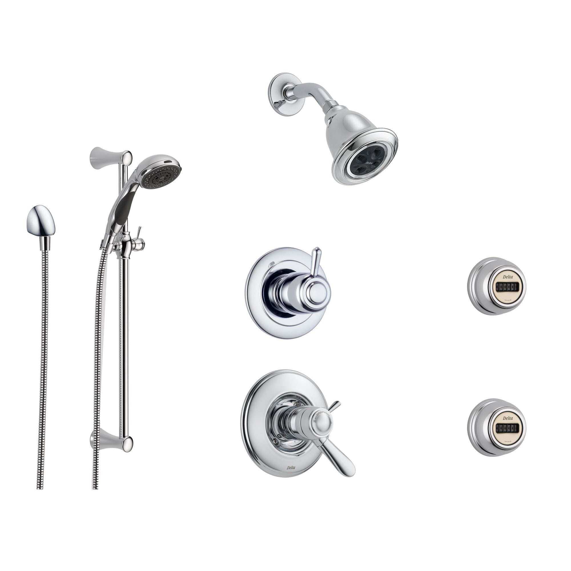 Delta Lahara Chrome Shower System with Thermostatic Shower Handle, 6-setting Diverter, Showerhead, Handheld Shower, and 2 Body Sprays SS17T3891