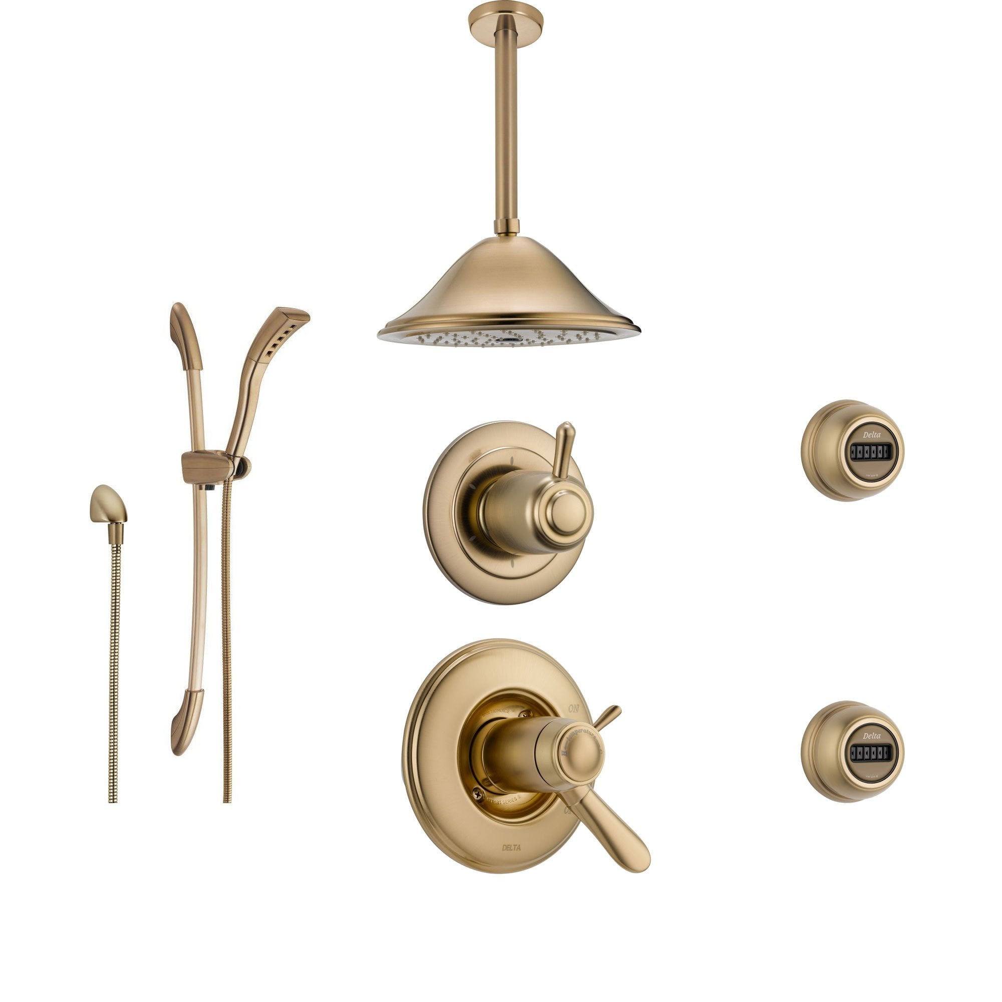 Delta Lahara Champagne Bronze Shower System with Thermostatic Shower Handle, 6-setting Diverter, Ceiling Mount Shower Head, Hand Shower, and 2 Body Sprays SS17T3892CZ