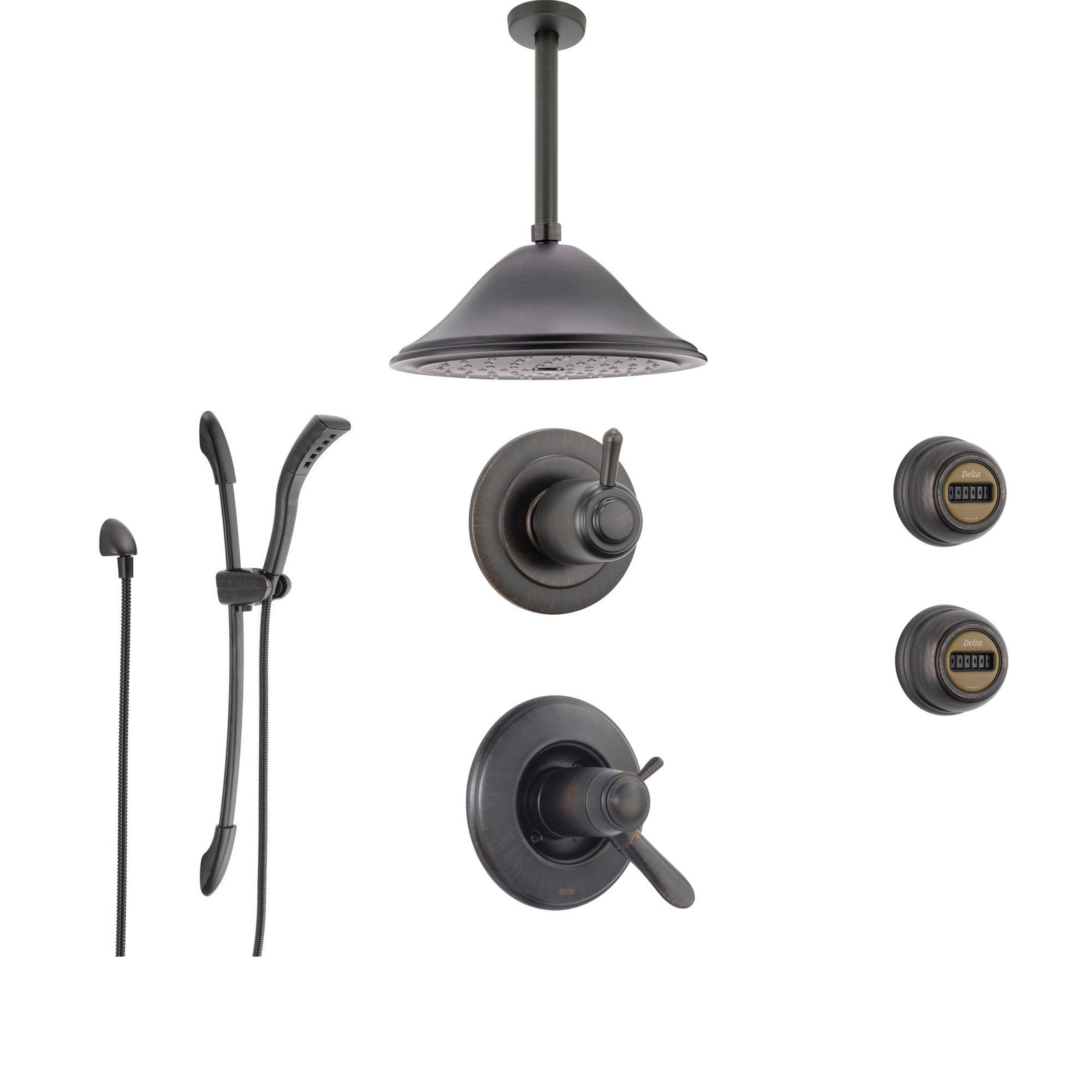 Delta Lahara Venetian Bronze Shower System with Thermostatic Shower Handle, 6-setting Diverter, Large Ceiling Mount Rain Showerhead, Handheld Shower, and 2 Body Sprays SS17T3892RB