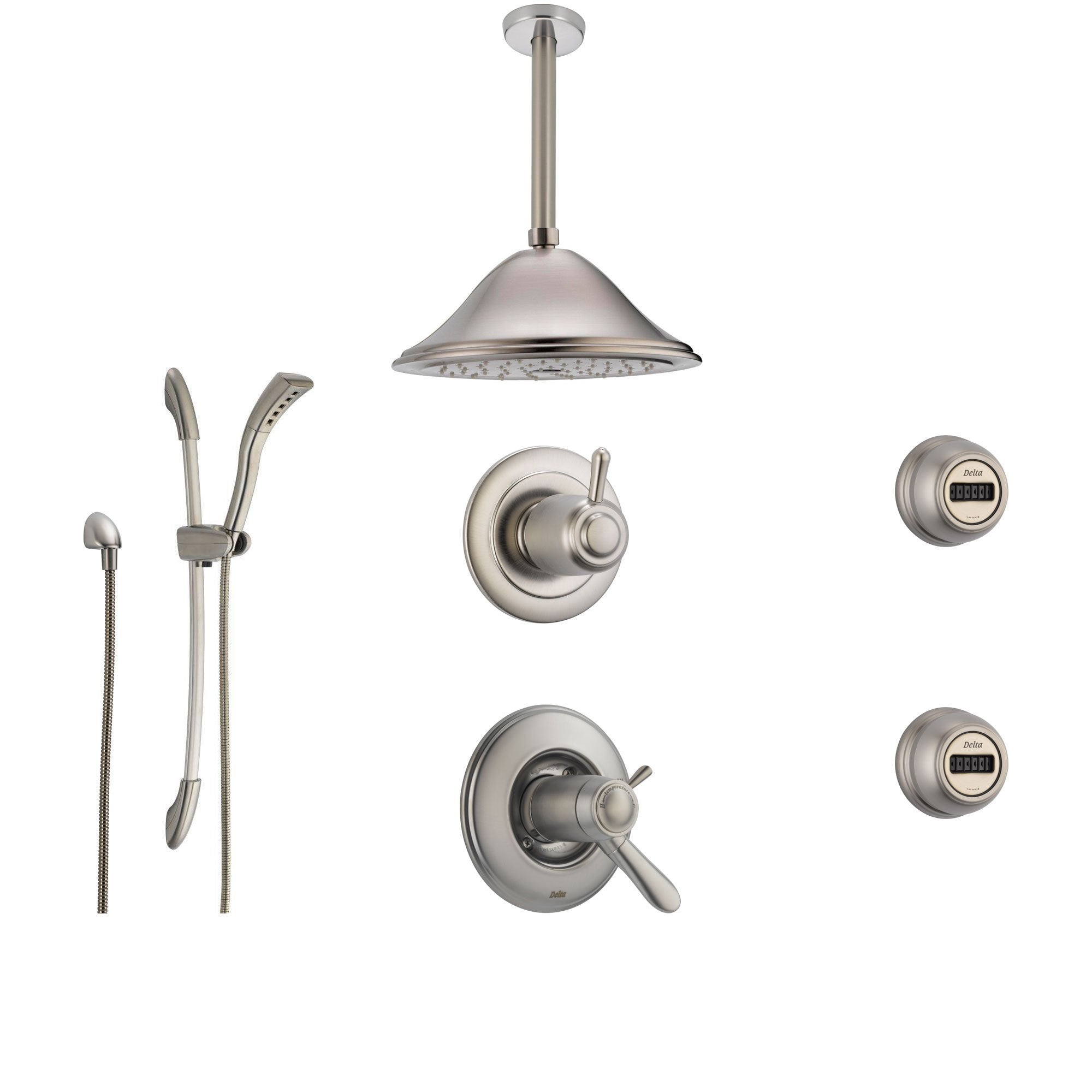 Delta Lahara Stainless Steel Shower System with Thermostatic Shower Handle, 6-setting Diverter, Large Ceiling Mount Rain Showerhead, Handheld Shower, and 2 Body Sprays SS17T3892SS