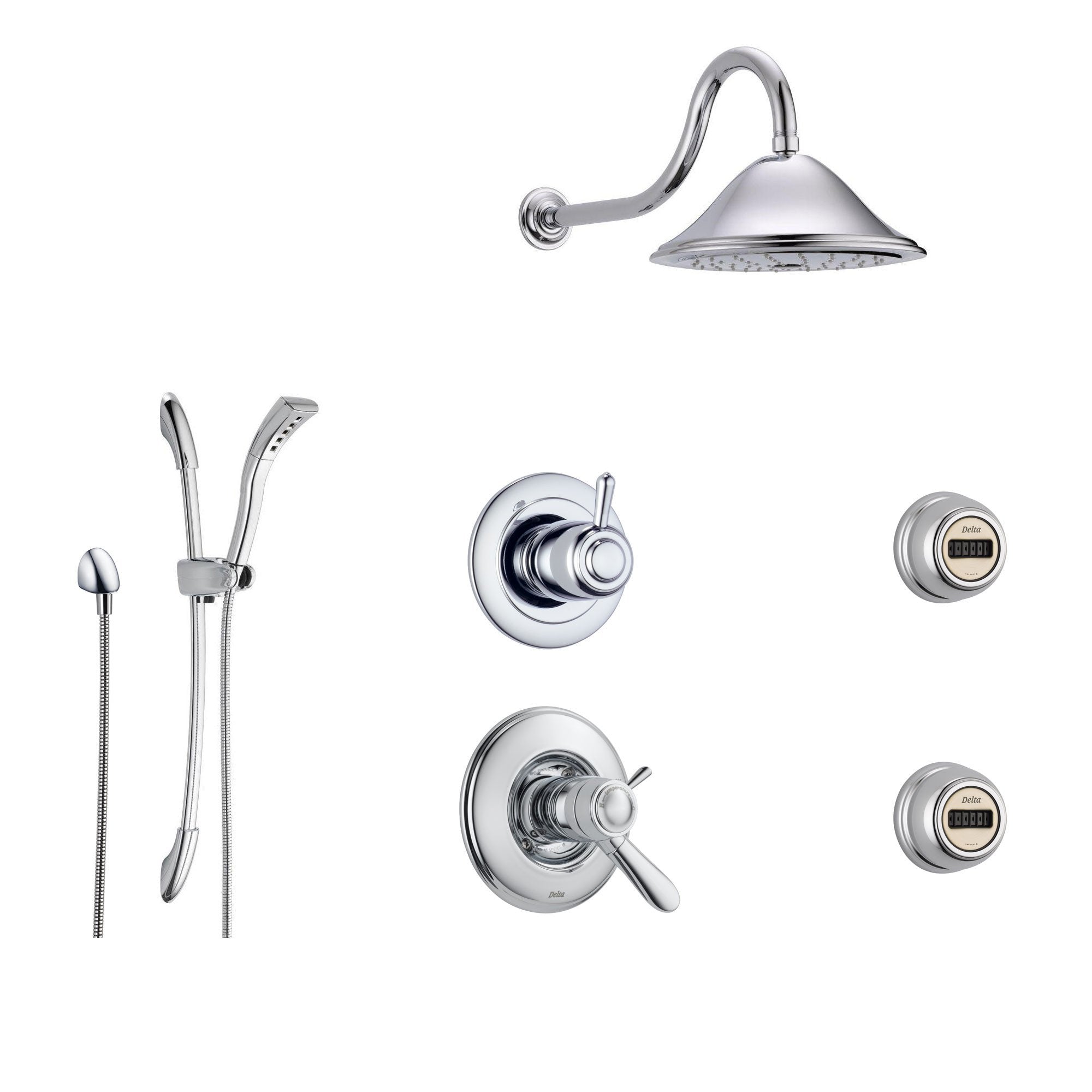 Delta Lahara Chrome Shower System with Thermostatic Shower Handle, 6-setting Diverter, Large Rain Showerhead, Handheld Shower, and 2 Body Sprays SS17T3893