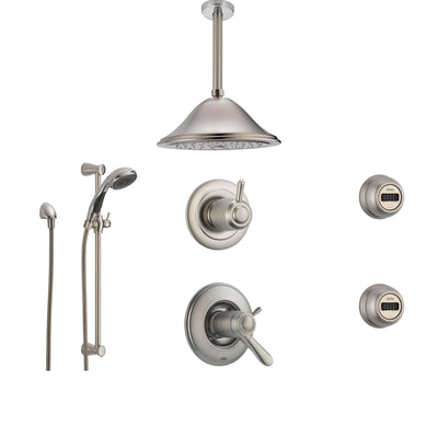 Delta Lahara Stainless Steel Shower System with Thermostatic Shower Handle, 6-setting Diverter, Large Ceiling Mount Rain Showerhead, Handheld Shower, and 2 Body Sprays SS17T3894SS