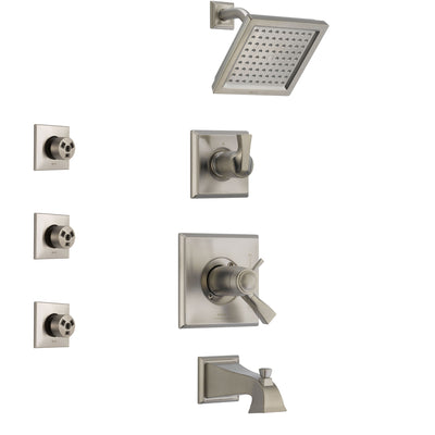 Delta Dryden Stainless Steel Finish Tub and Shower System with Dual Thermostatic Control Handle, Diverter, Showerhead, and 3 Body Sprays SS17T4511SS2