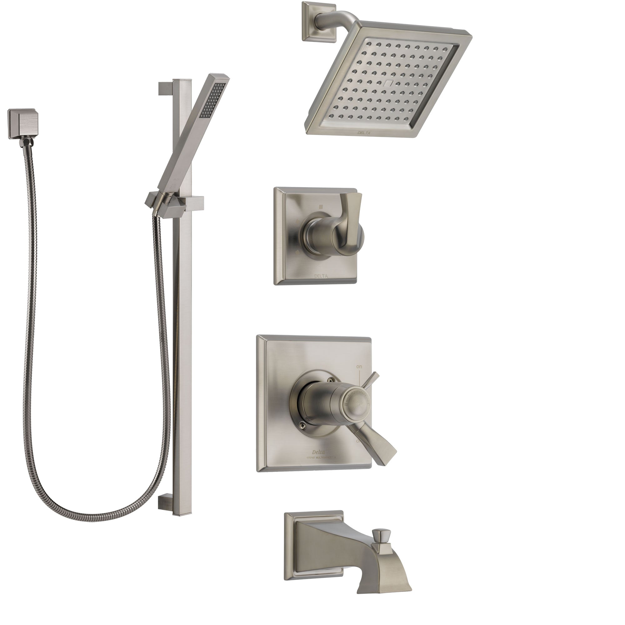 Delta Dryden Stainless Steel Finish Tub and Shower System with Dual Thermostatic Control Handle, Diverter, Showerhead, and Hand Shower SS17T4511SS4