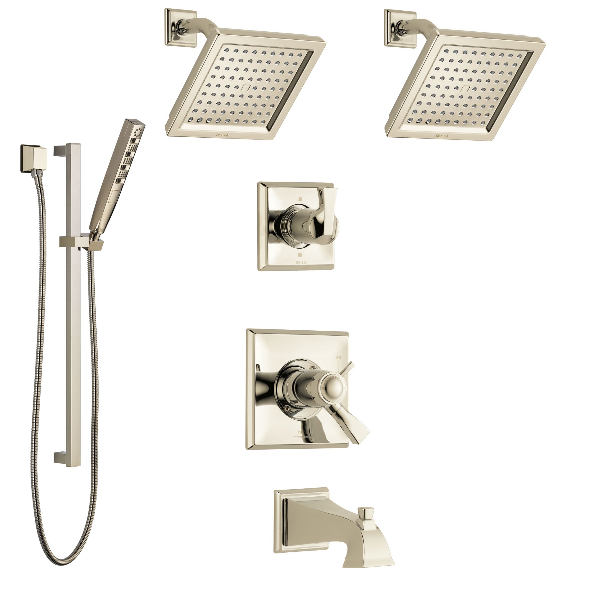 Delta Dryden Polished Nickel Tub and Shower System with Dual Thermostatic Control Handle, 6-Setting Diverter, 2 Showerheads, Hand Shower SS17T4512PN4