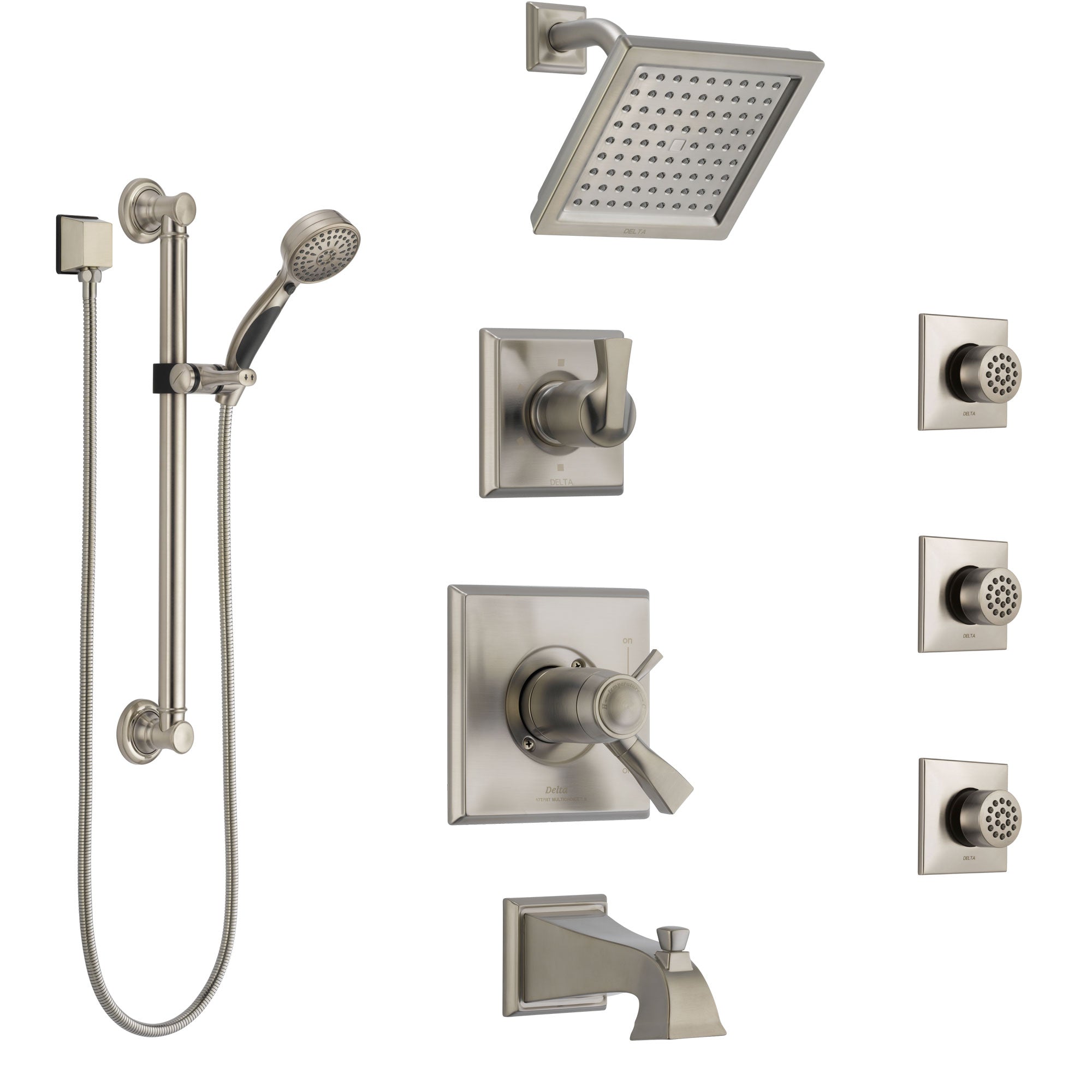 Delta Dryden Stainless Steel Finish Dual Thermostatic Control Tub and Shower System with Showerhead, 3 Body Jets, Grab Bar Hand Spray SS17T4512SS2