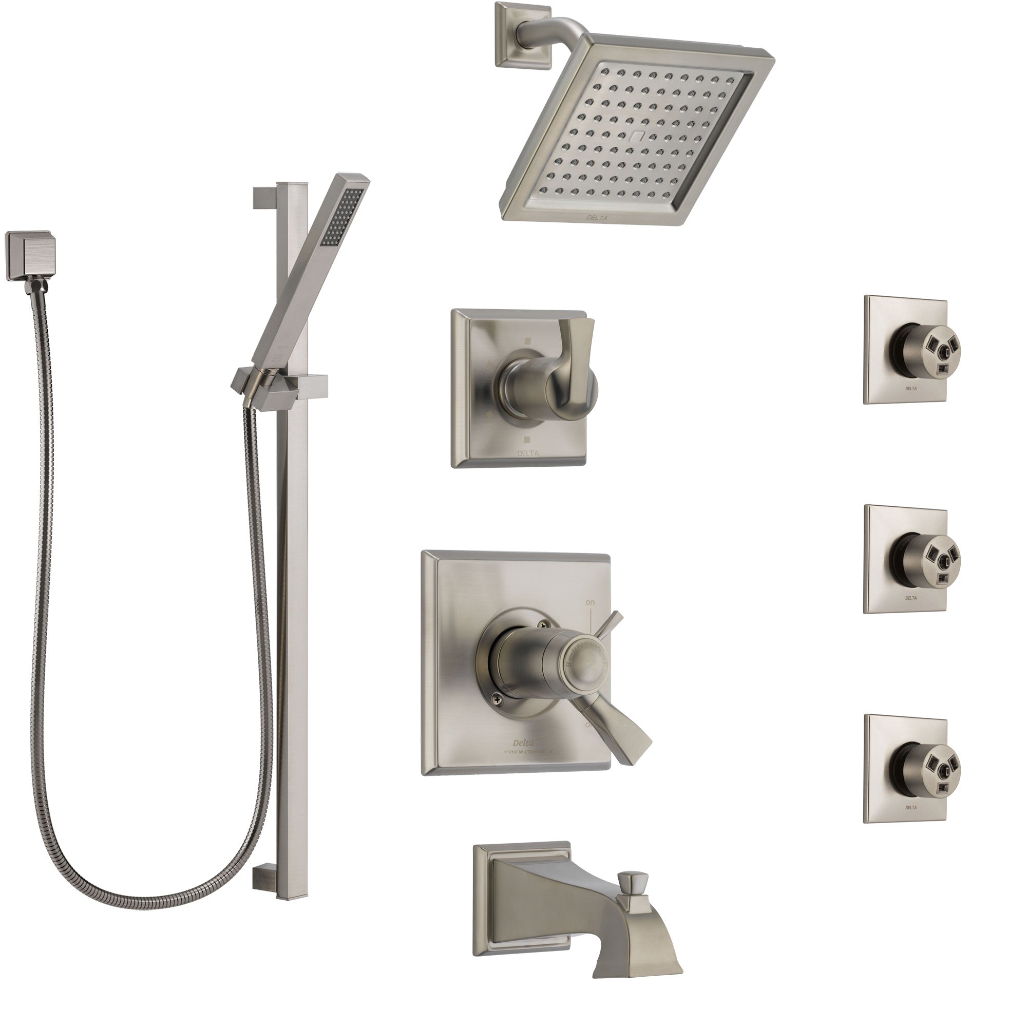 Delta Dryden Stainless Steel Finish Dual Thermostatic Control Tub and Shower System, Diverter, Showerhead, 3 Body Sprays, and Hand Shower SS17T4512SS4
