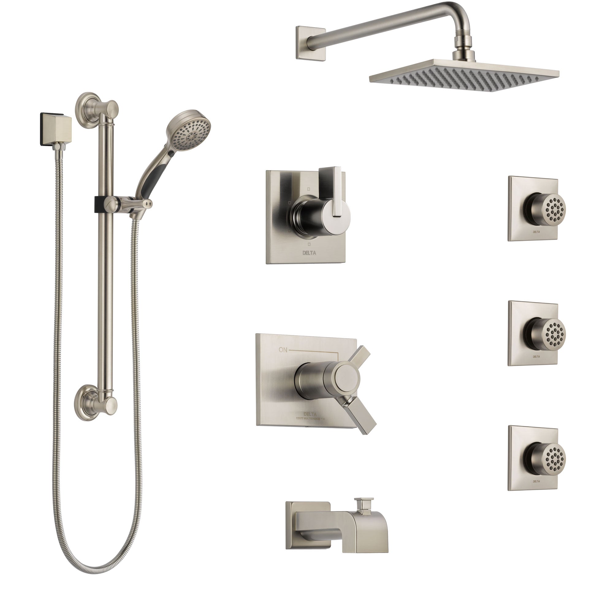 Delta Vero Stainless Steel Finish Dual Thermostatic Control Tub and Shower System, Diverter, Showerhead, 3 Body Jets, Grab Bar Hand Spray SS17T4532SS2