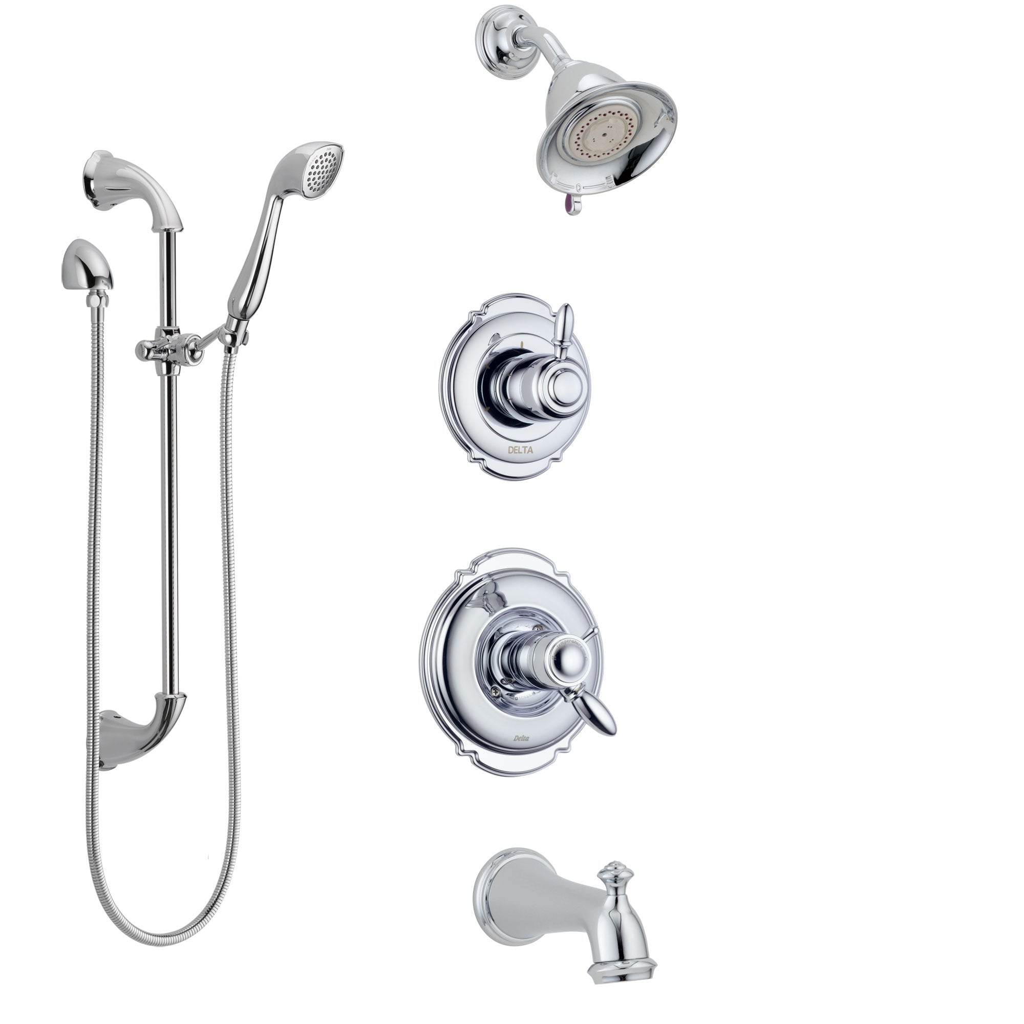 Delta Victorian Chrome Finish Tub and Shower System with Dual Thermostatic Control Handle, Diverter, Showerhead, and Hand Shower SS17T45514