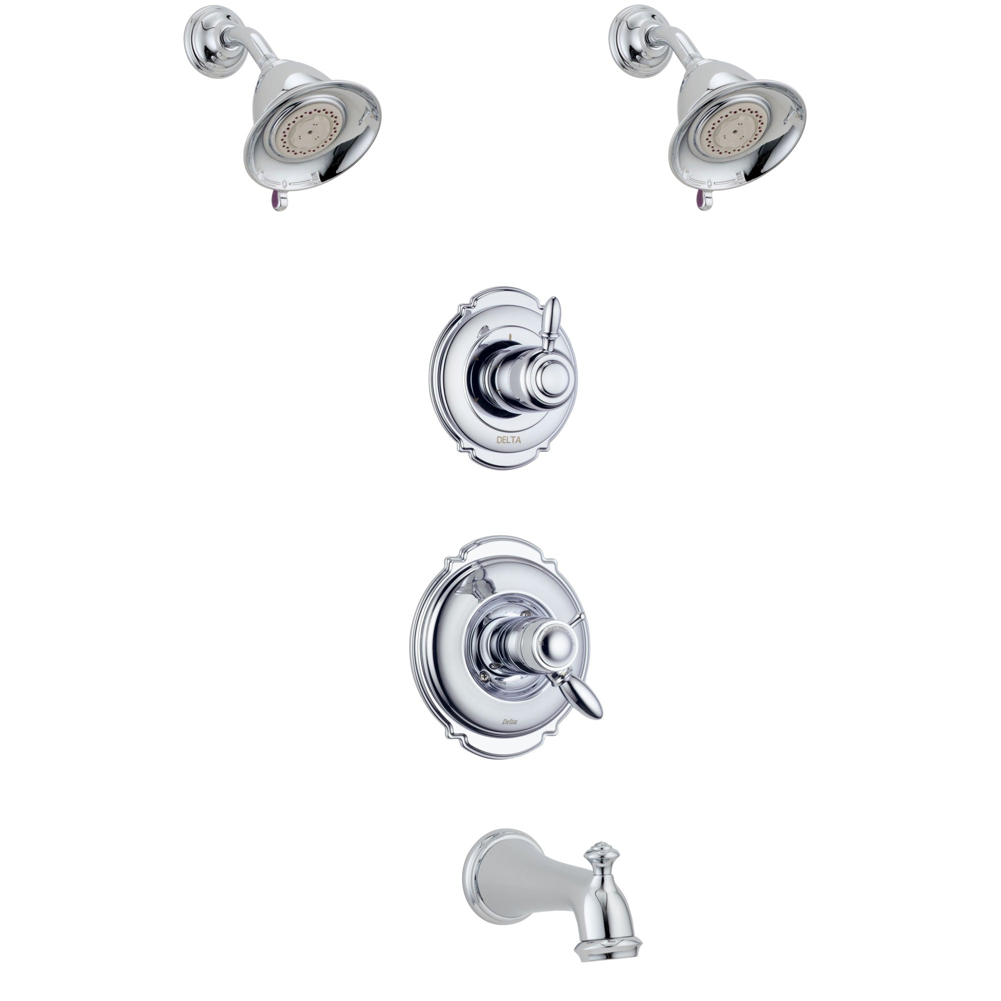 Delta Victorian Chrome Finish Tub and Shower System with Dual Thermostatic Control Handle, 3-Setting Diverter, 2 Showerheads SS17T45515