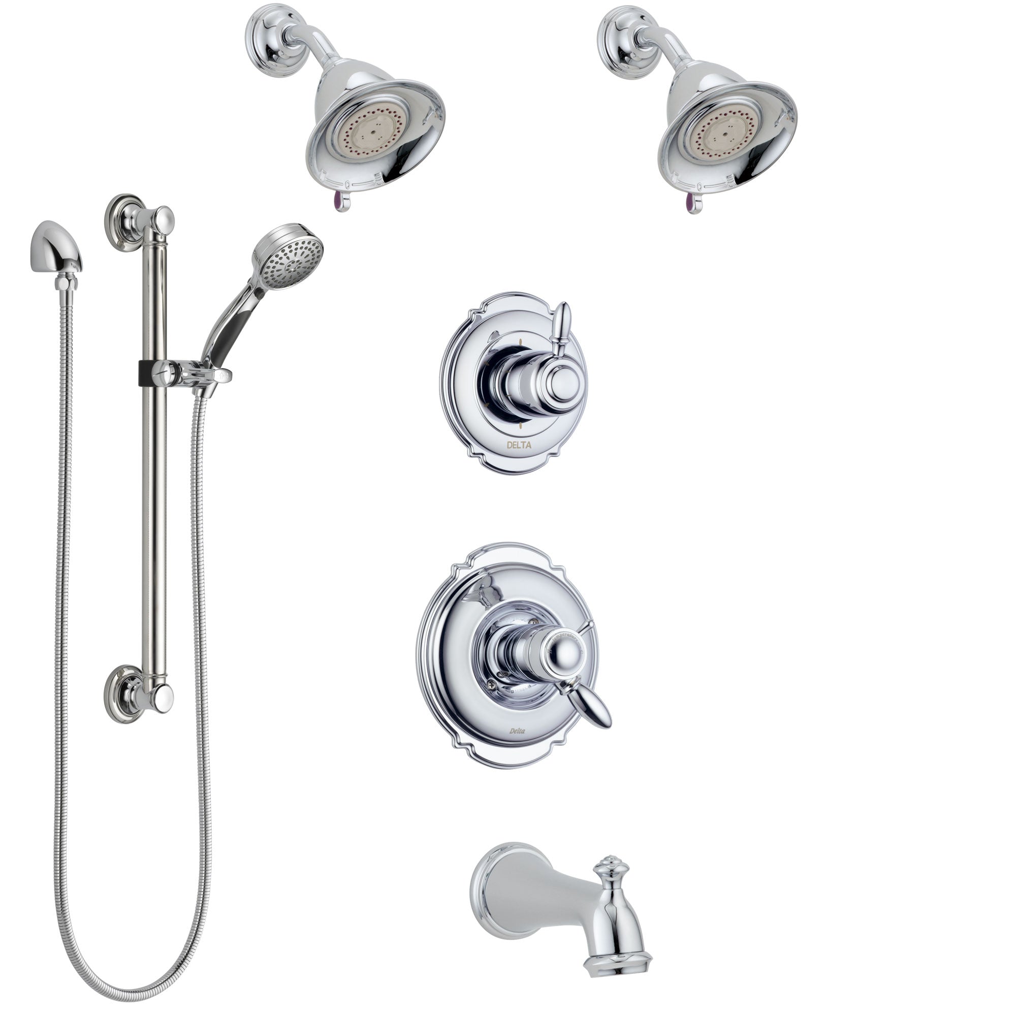 Delta Victorian Chrome Tub and Shower System with Dual Thermostatic Control, Diverter, 2 Showerheads, and Hand Shower with Grab Bar SS17T45526