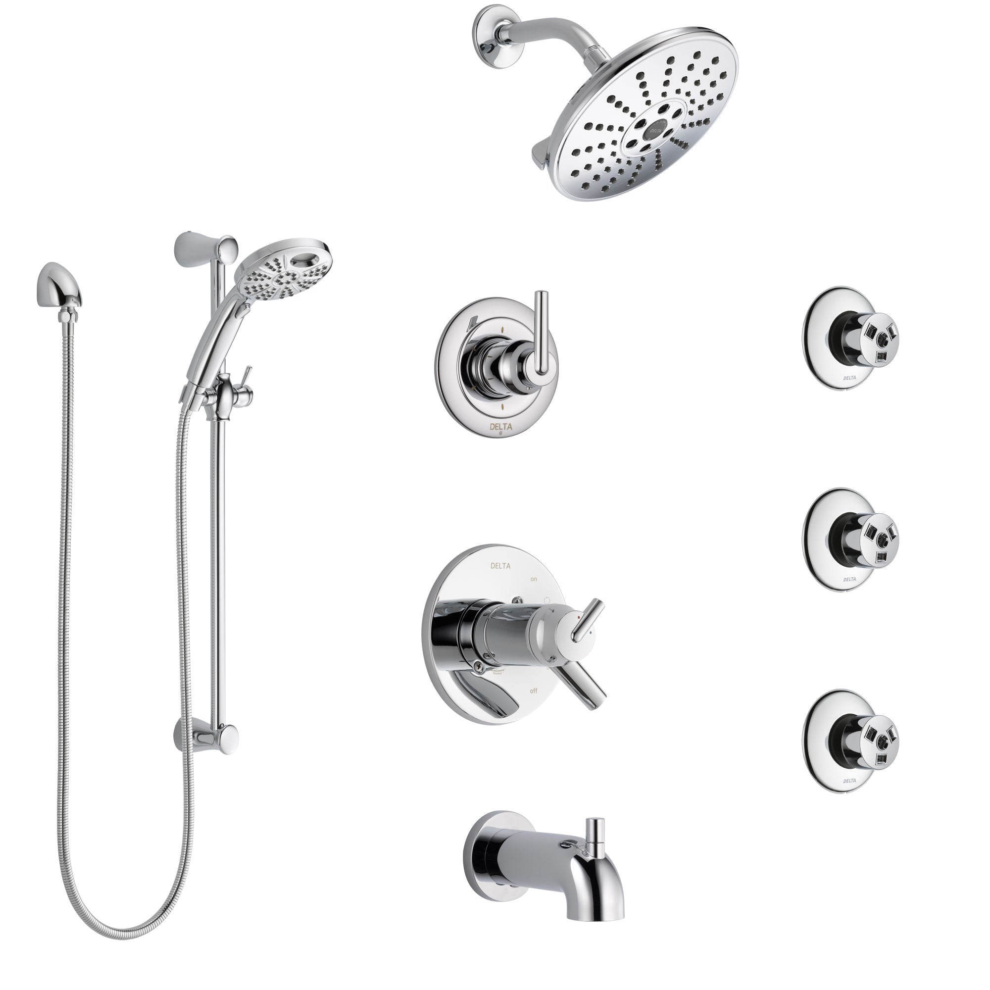 Delta Trinsic Chrome Tub and Shower System with Dual Thermostatic Control, Diverter, Showerhead, 3 Body Sprays, and Temp2O Hand Shower SS17T45913