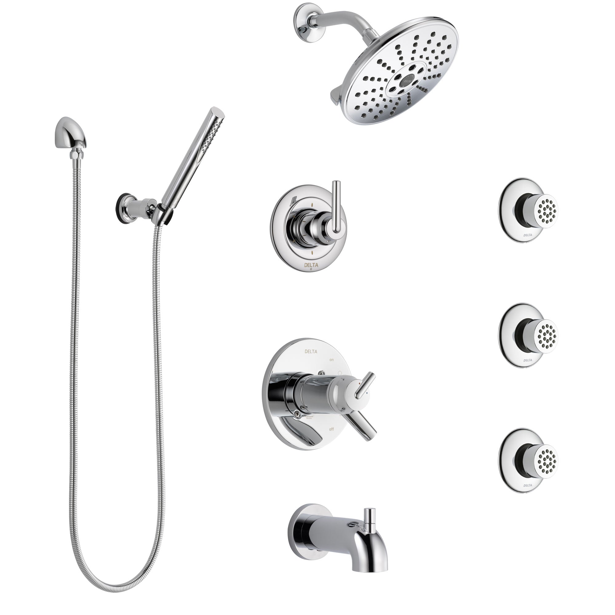 Delta Trinsic Chrome Tub and Shower System with Dual Thermostatic Control, 6-Setting Diverter, Showerhead, 3 Body Sprays, and Hand Shower SS17T45916