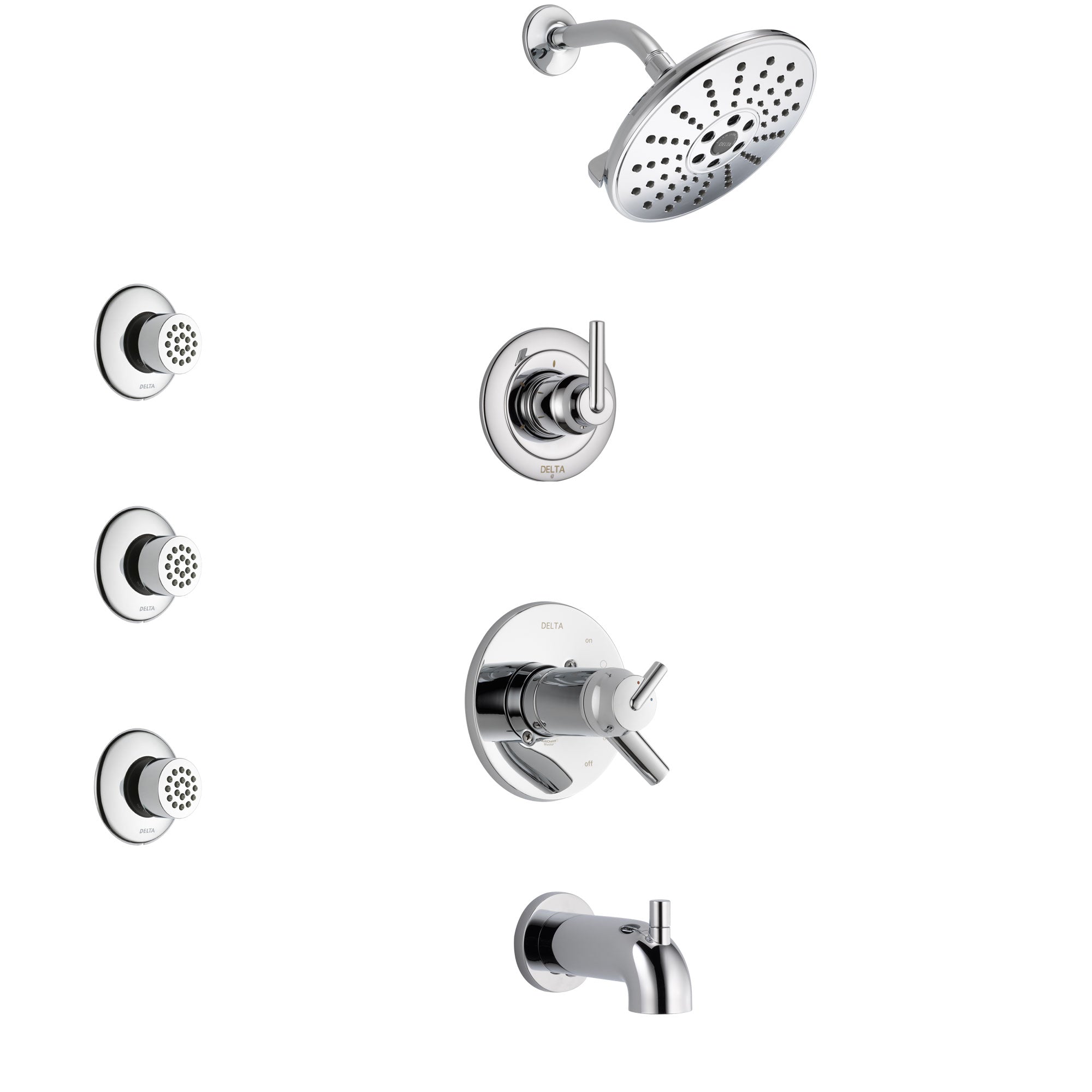 Delta Trinsic Chrome Finish Tub and Shower System with Dual Thermostatic Control Handle, 3-Setting Diverter, Showerhead, and 3 Body Sprays SS17T45921