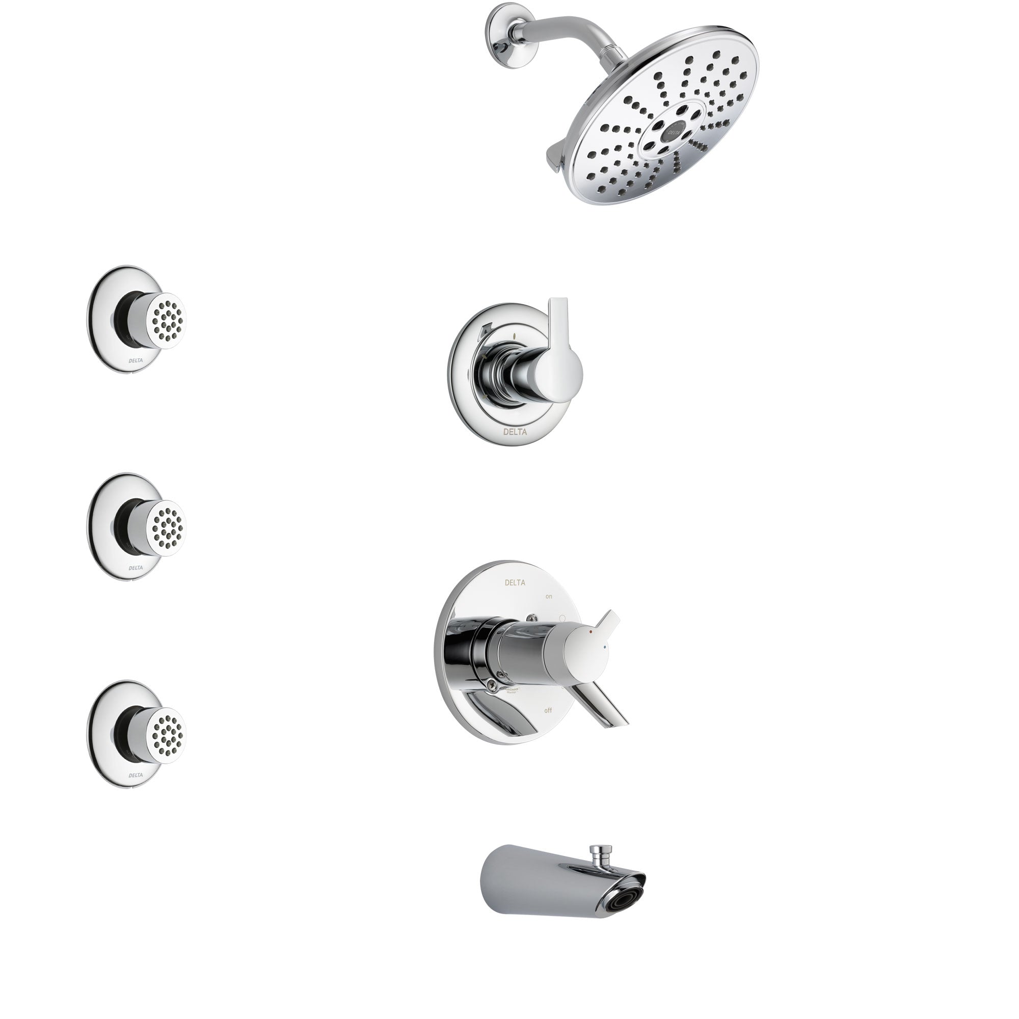 Delta Compel Chrome Finish Tub and Shower System with Dual Thermostatic Control Handle, 3-Setting Diverter, Showerhead, and 3 Body Sprays SS17T46111
