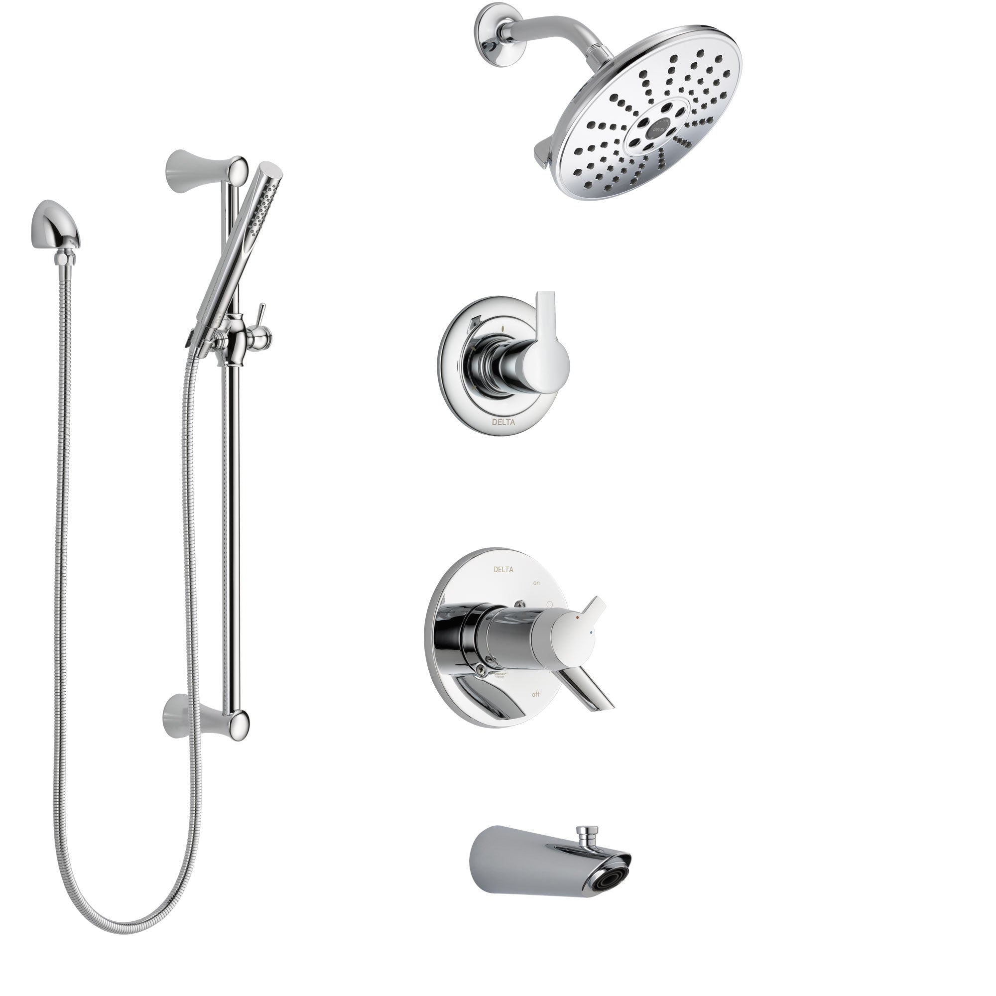 Delta Compel Chrome Finish Tub and Shower System with Dual Thermostatic Control Handle, Diverter, Showerhead, and Hand Shower with Slidebar SS17T46115