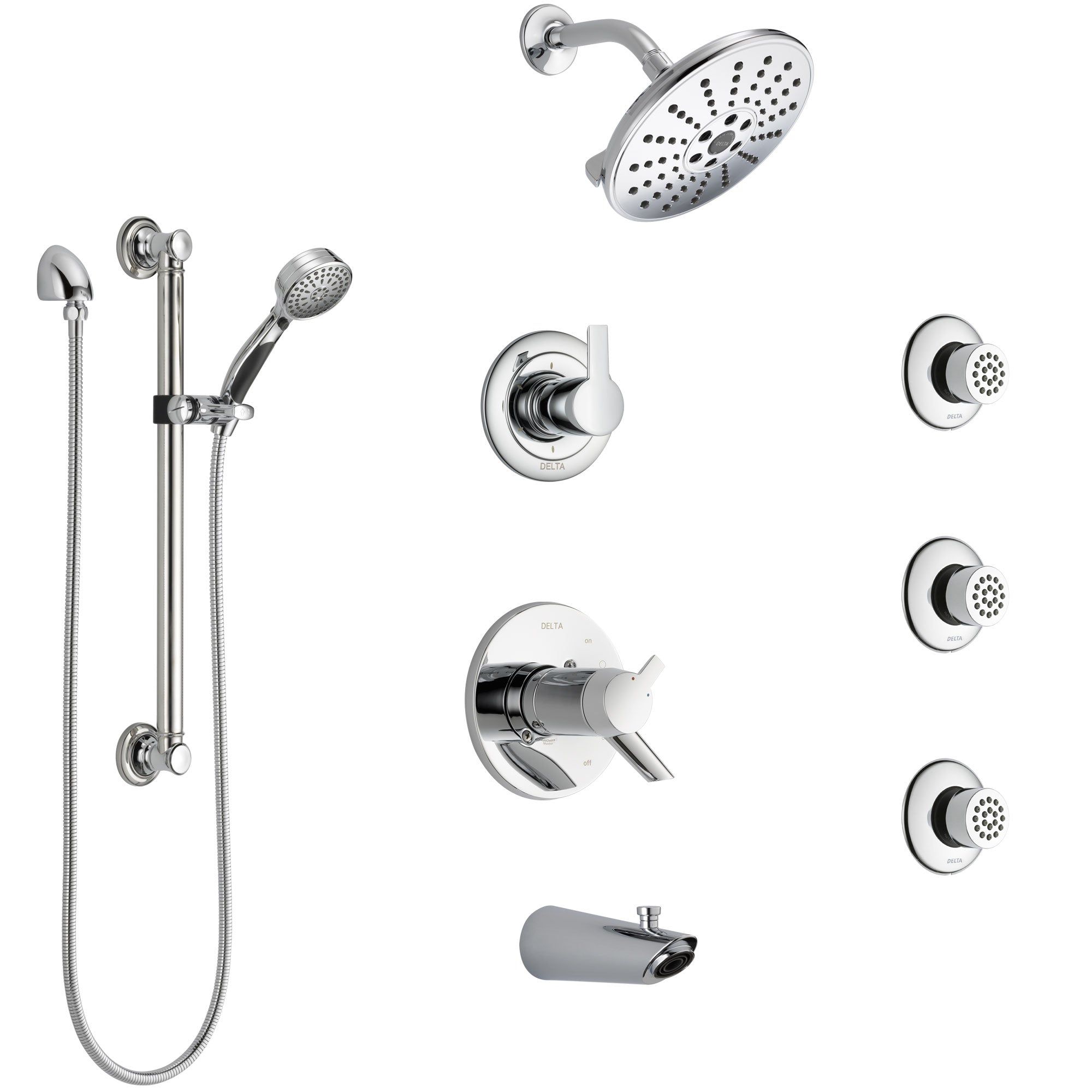 Delta Compel Chrome Dual Thermostatic Control Tub and Shower System, Diverter, Showerhead, 3 Body Sprays, and Hand Shower with Grab Bar SS17T46121