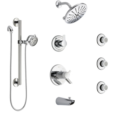 Delta Compel Chrome Dual Thermostatic Control Tub and Shower System, Diverter, Showerhead, 3 Body Sprays, and Hand Shower with Grab Bar SS17T46125