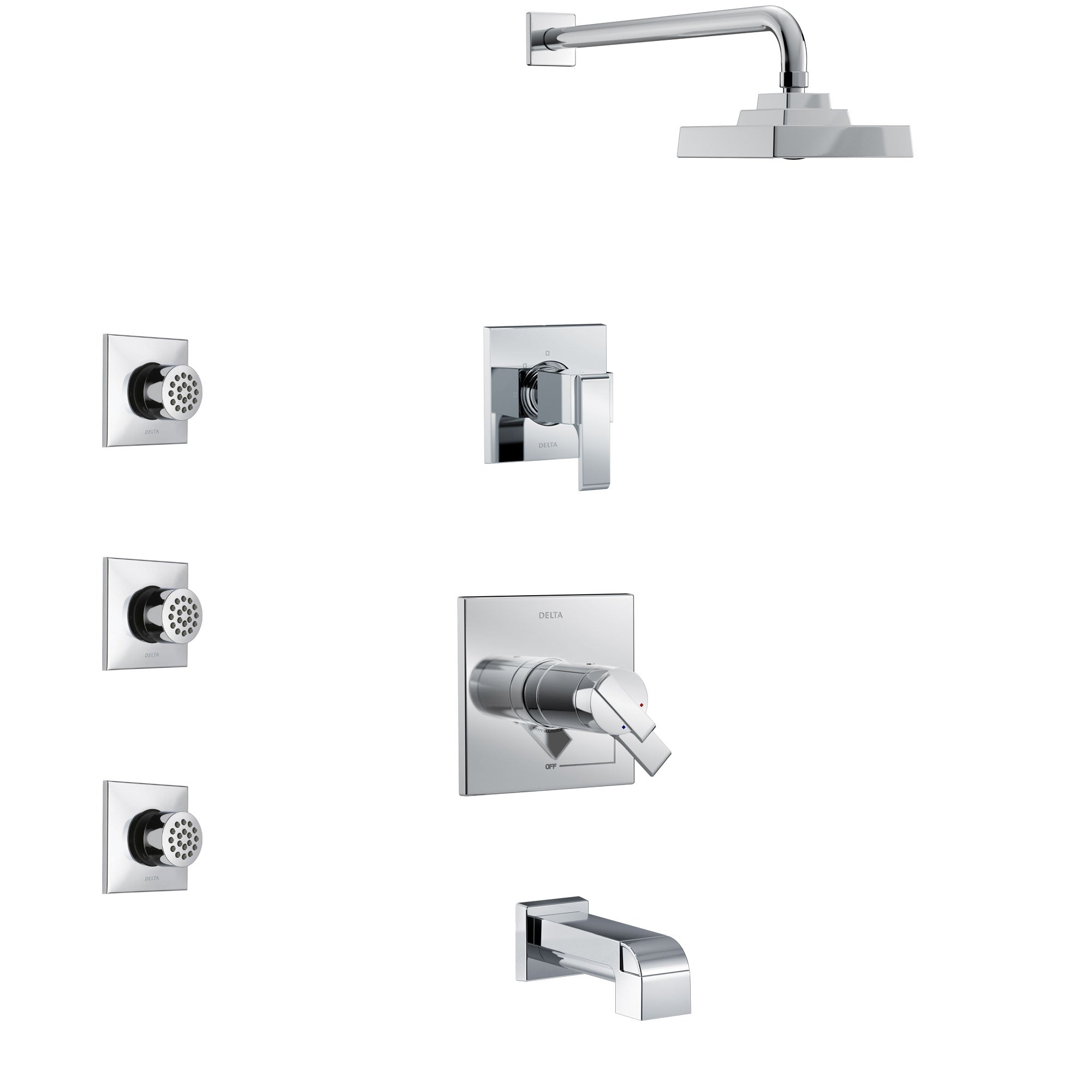 Delta Ara Chrome Finish Tub and Shower System with Dual Thermostatic Control Handle, 3-Setting Diverter, Showerhead, and 3 Body Sprays SS17T46711