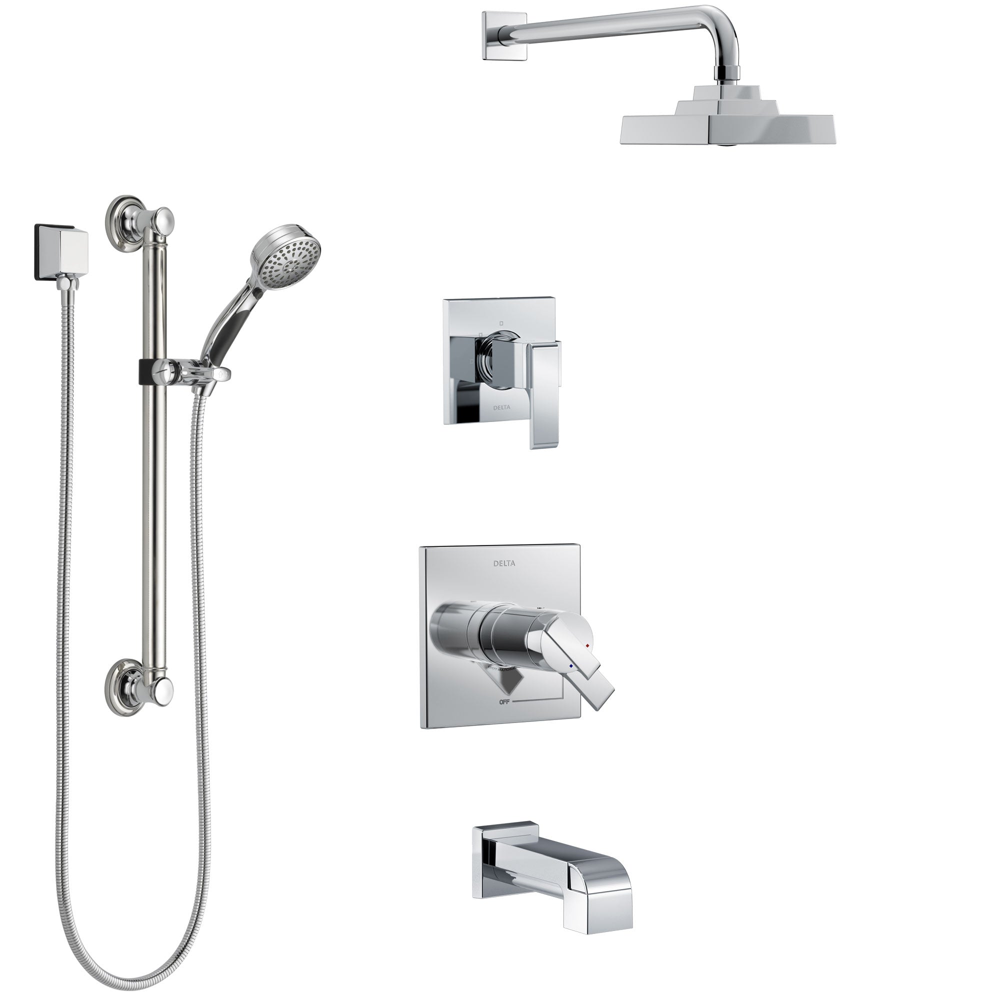 Delta Ara Chrome Finish Tub and Shower System with Dual Thermostatic Control Handle, Diverter, Showerhead, and Hand Shower with Grab Bar SS17T46713