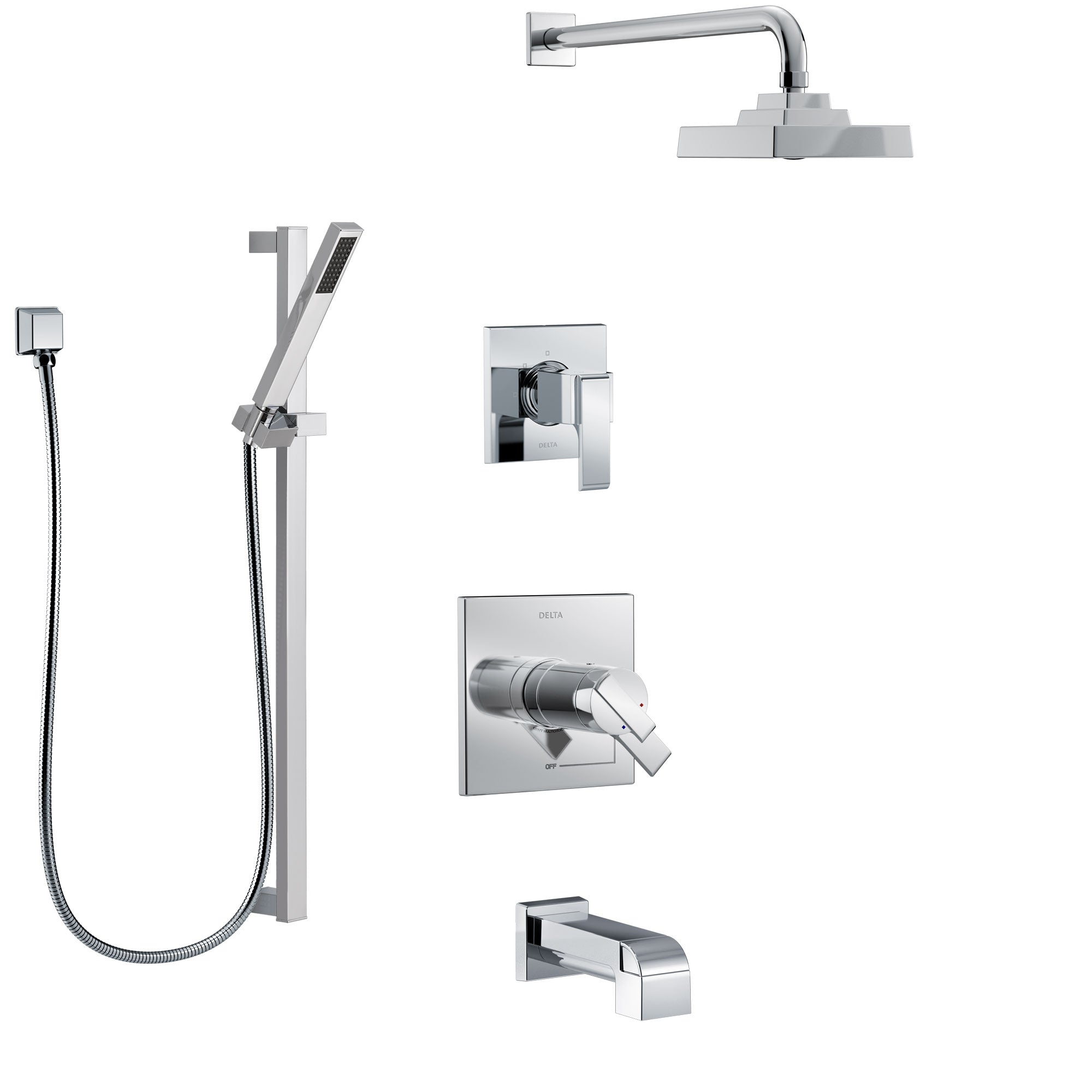 Delta Ara Chrome Finish Tub and Shower System with Dual Thermostatic Control Handle, Diverter, Showerhead, and Hand Shower with Slidebar SS17T46715