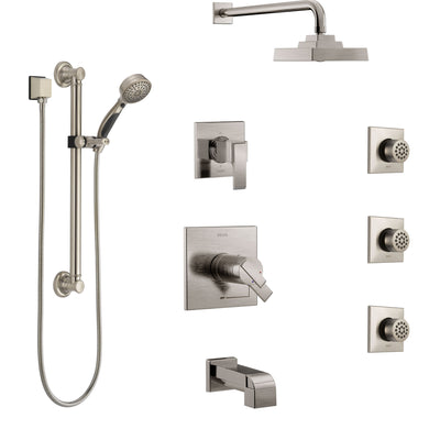 Delta Ara Stainless Steel Finish Dual Thermostatic Control Tub and Shower System, Diverter, Showerhead, 3 Body Jets, Grab Bar Hand Spray SS17T4671SS1