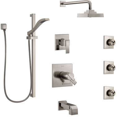 Delta Ara Stainless Steel Finish Dual Thermostatic Control Tub and Shower System, Diverter, Showerhead, 3 Body Sprays, and Hand Shower SS17T4671SS3