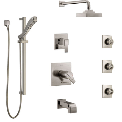 Delta Ara Stainless Steel Finish Dual Thermostatic Control Tub and Shower System, Diverter, Showerhead, 3 Body Sprays, and Hand Shower SS17T4671SS5