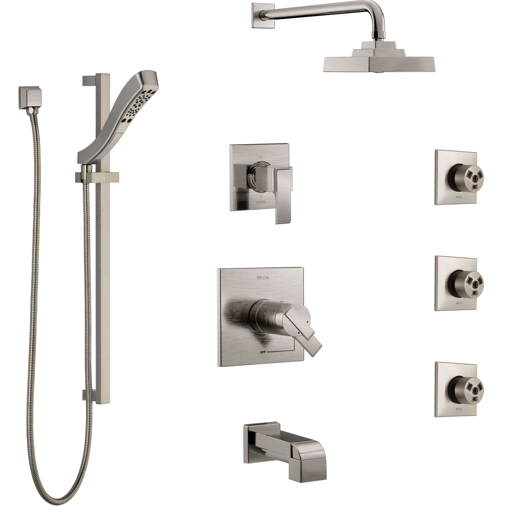 Delta Ara Stainless Steel Finish Dual Thermostatic Control Tub and Shower System, Diverter, Showerhead, 3 Body Sprays, and Hand Shower SS17T4671SS6
