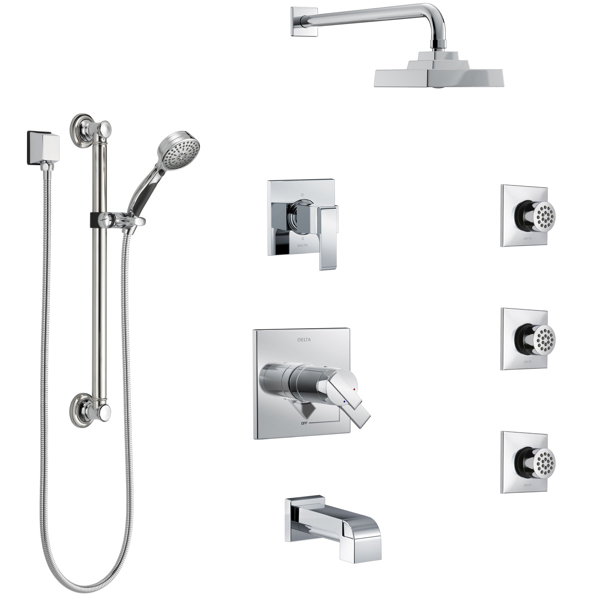 Delta Ara Chrome Tub and Shower System with Dual Thermostatic Control, Diverter, Showerhead, 3 Body Sprays, and Hand Shower with Grab Bar SS17T46722