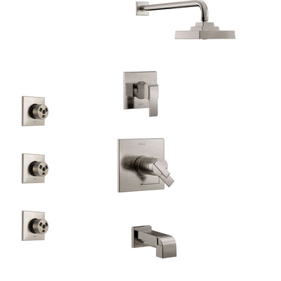 Delta Ara Stainless Steel Finish Tub and Shower System with Dual Thermostatic Control Handle, Diverter, Showerhead, and 3 Body Sprays SS17T4672SS1