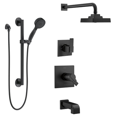 Delta Ara Matte Black Finish Thermostatic 17T Complete Tub and Shower System with Diverter, Showerhead, and Hand Spray on Grab Bar SS17T4673BL1
