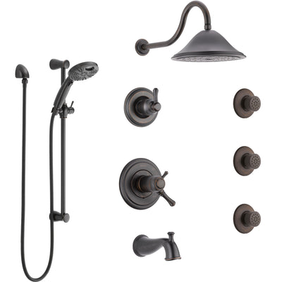 Delta Cassidy Venetian Bronze Dual Thermostatic Control Tub and Shower System, Diverter, Showerhead, 3 Body Sprays, & Temp2O Hand Shower SS17T4971RB5