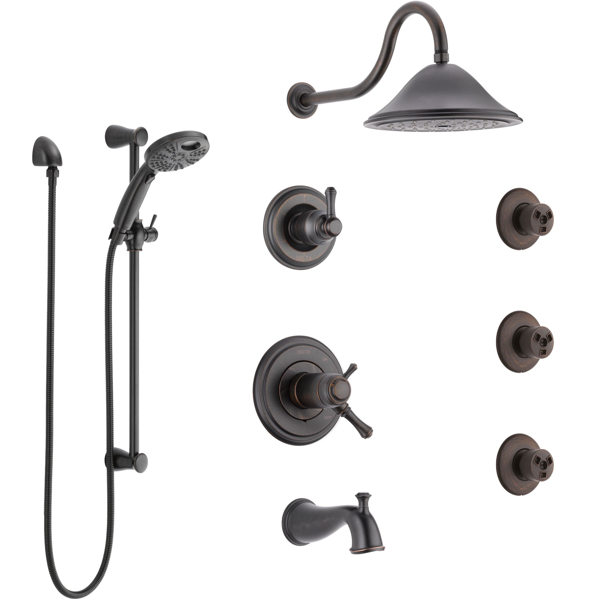 Delta Cassidy Venetian Bronze Dual Thermostatic Control Tub and Shower System, Diverter, Showerhead, 3 Body Sprays, & Temp2O Hand Shower SS17T4971RB6