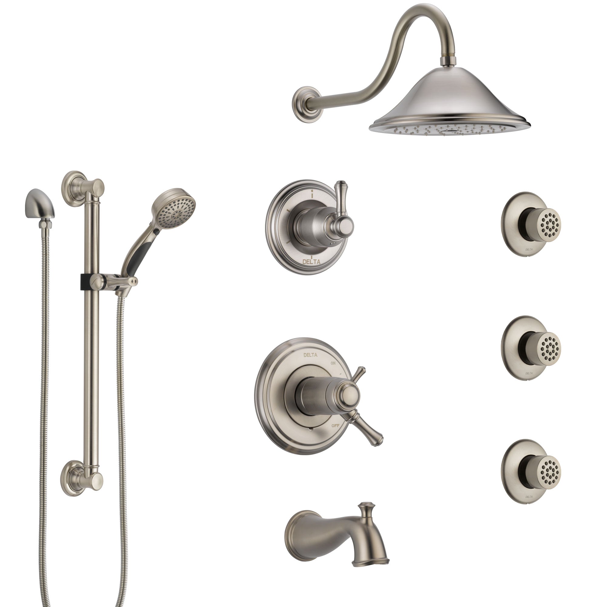 Delta Cassidy Stainless Steel Finish Dual Thermostatic Control Tub and Shower System with Showerhead, 3 Body Jets, Grab Bar Hand Spray SS17T4971SS2