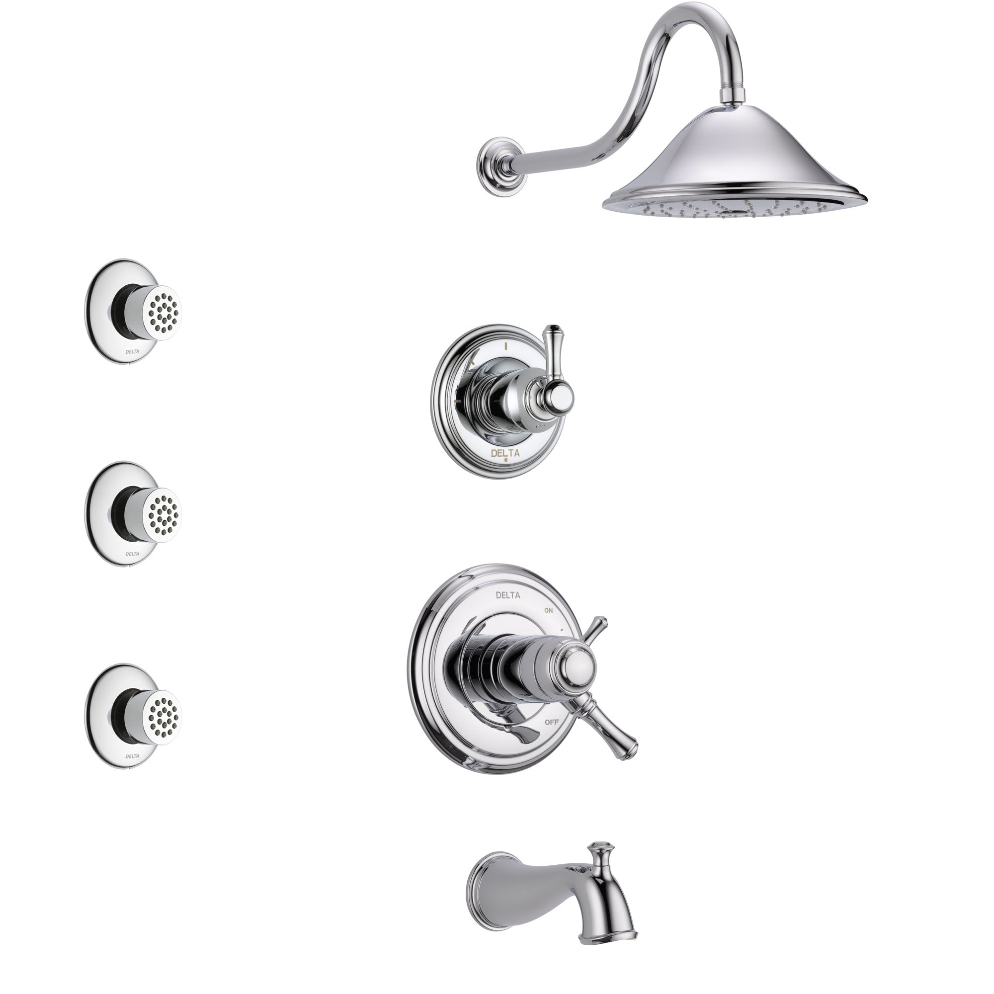 Delta Cassidy Chrome Finish Tub and Shower System with Dual Thermostatic Control Handle, 3-Setting Diverter, Showerhead, and 3 Body Sprays SS17T49721