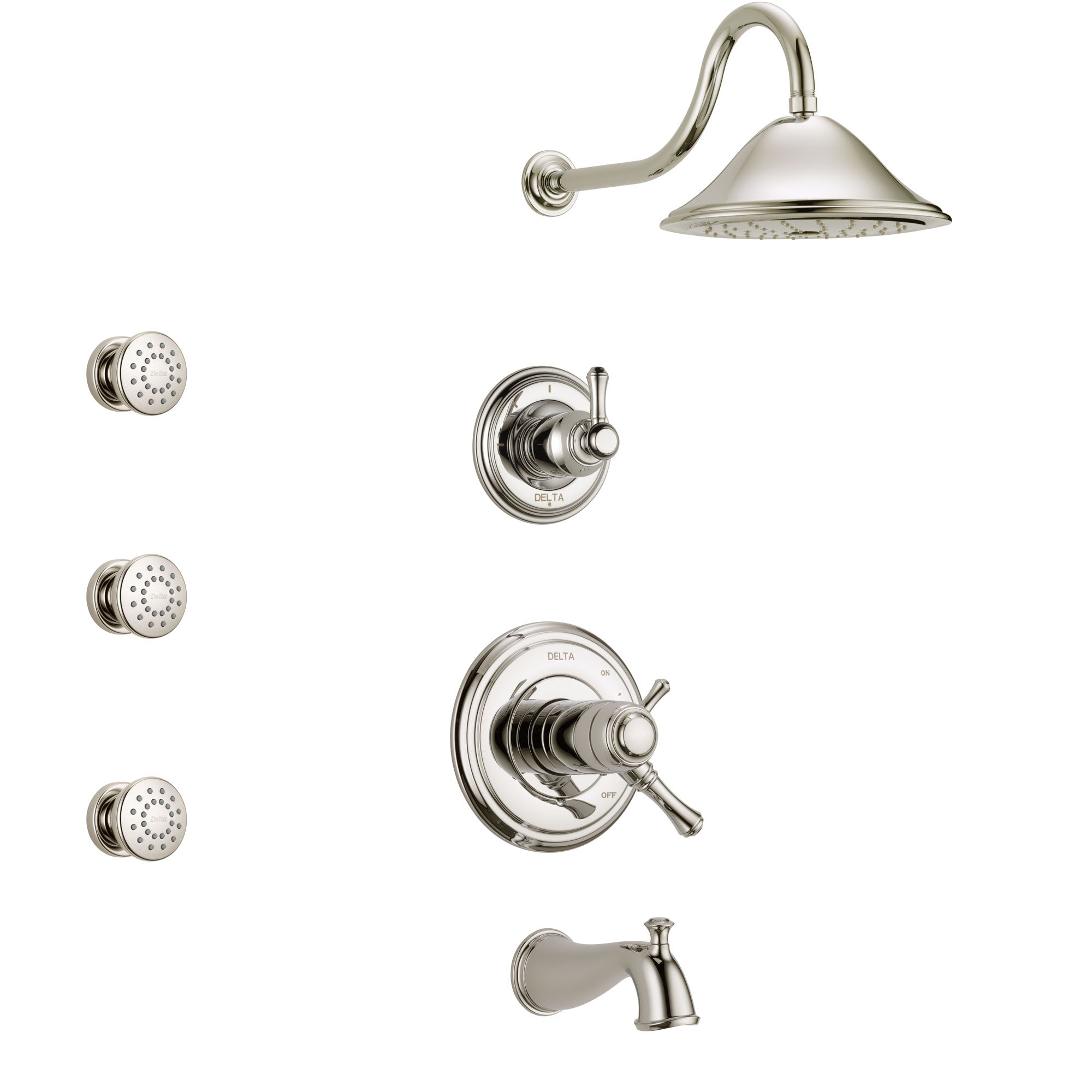Delta Cassidy Polished Nickel Tub and Shower System with Dual Thermostatic Control Handle, Diverter, Showerhead, and 3 Body Sprays SS17T4972PN1