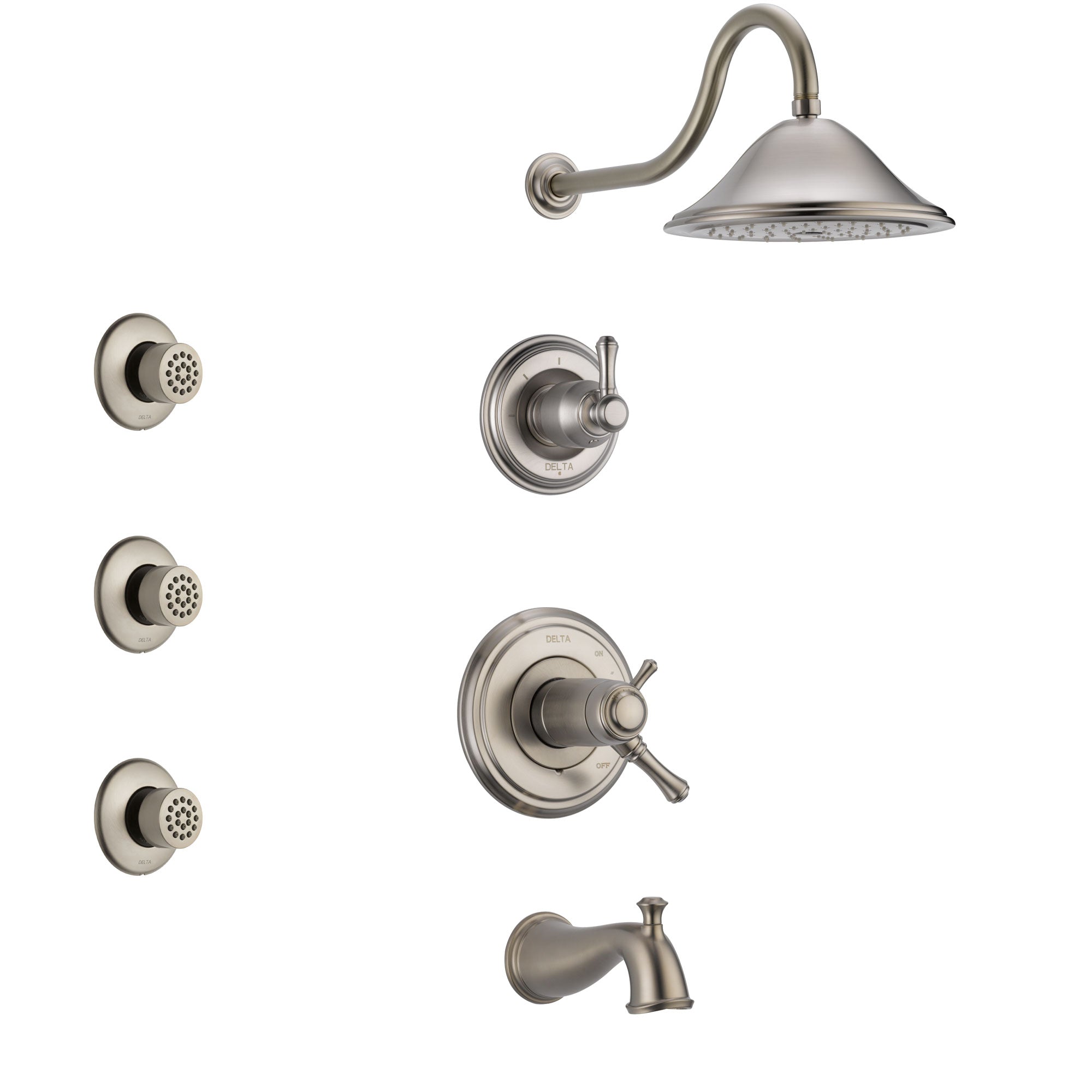 Delta Cassidy Stainless Steel Finish Tub and Shower System with Dual Thermostatic Control Handle, Diverter, Showerhead, and 3 Body Sprays SS17T4972SS2
