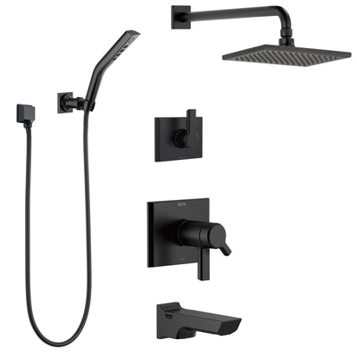 Delta Pivotal Matte Black Finish Thermostatic Modern Angular Tub and Shower System with Rain Shower Head + Hand Spray and Wall Bracket SS17T4993BL3