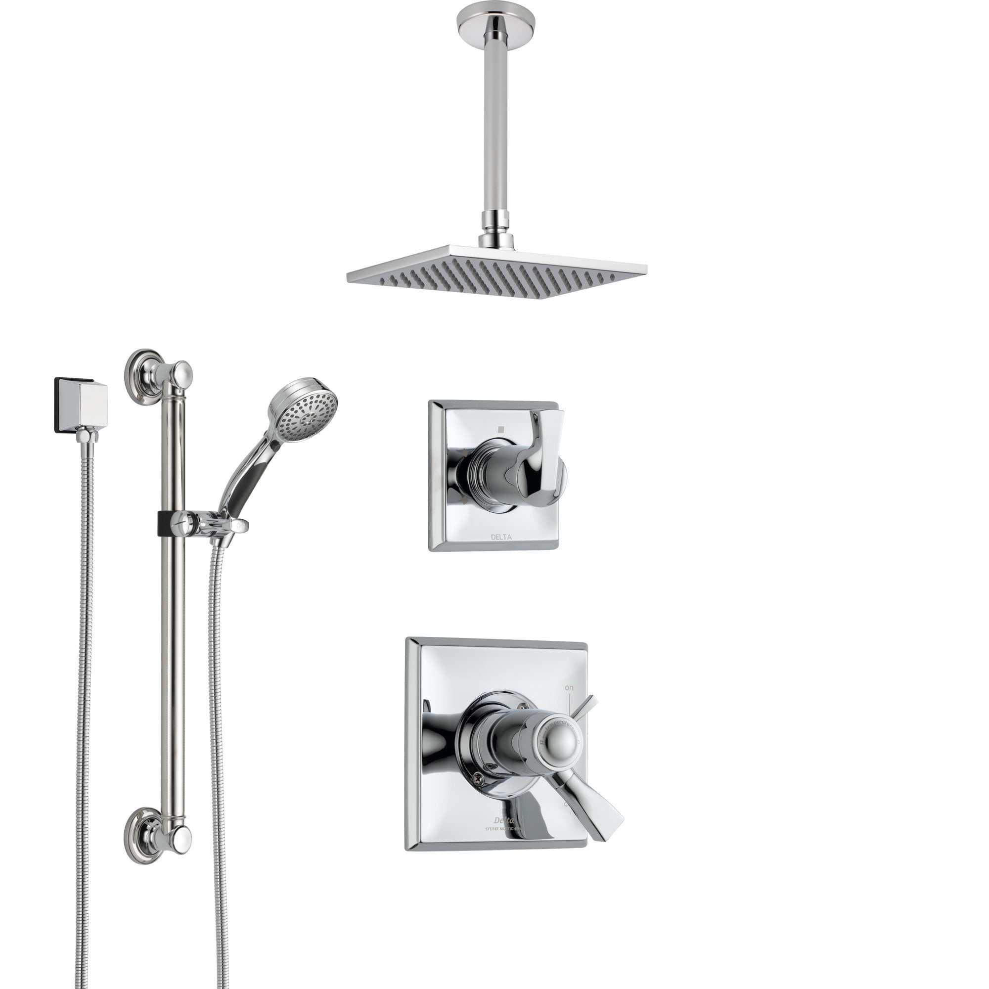 Delta Dryden Chrome Shower System with Dual Thermostatic Control Handle, Diverter, Ceiling Mount Showerhead, and Hand Shower with Grab Bar SS17T5111