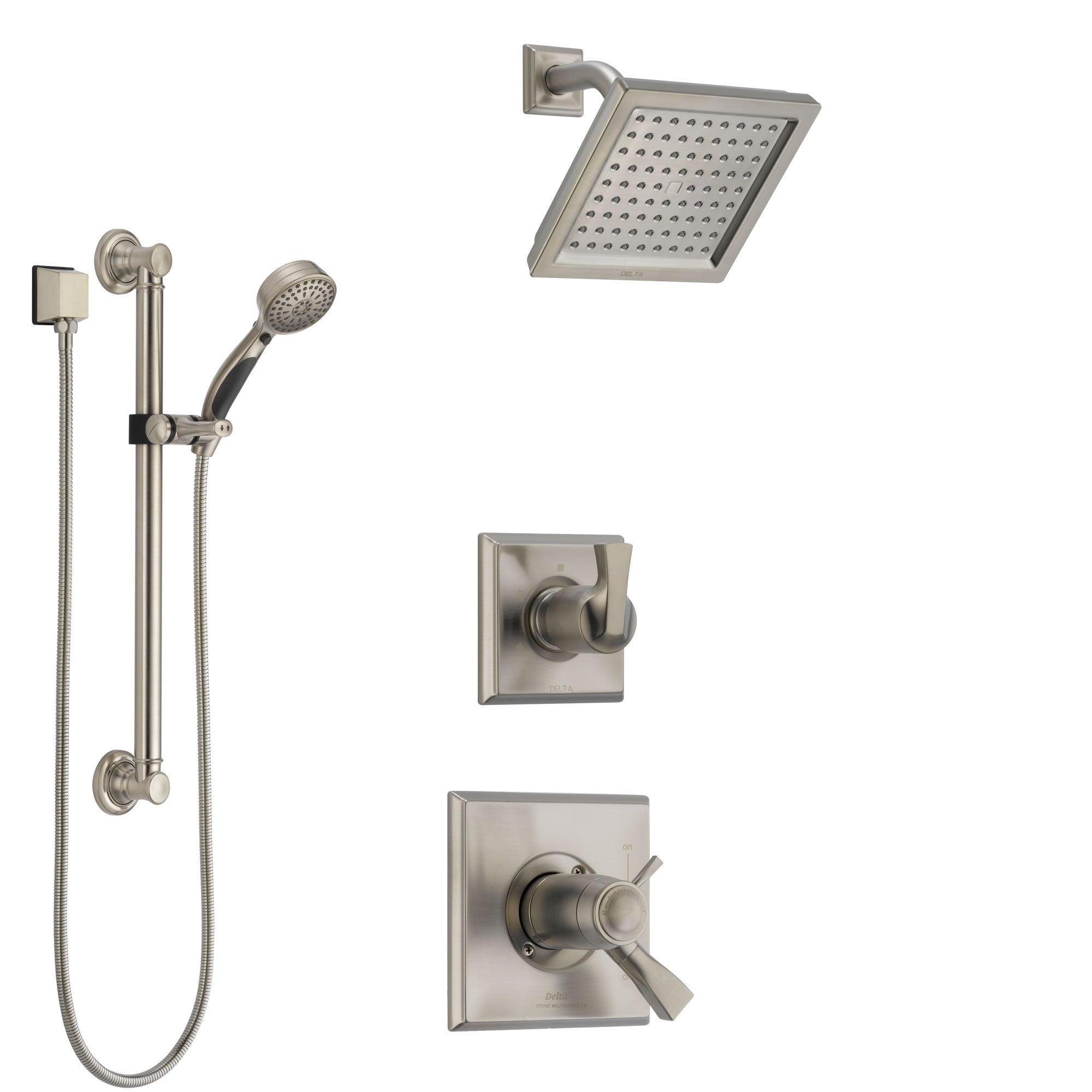 Delta Dryden Dual Thermostatic Control Handle Stainless Steel Finish Shower System, Diverter, Showerhead, and Hand Shower with Grab Bar SS17T511SS5