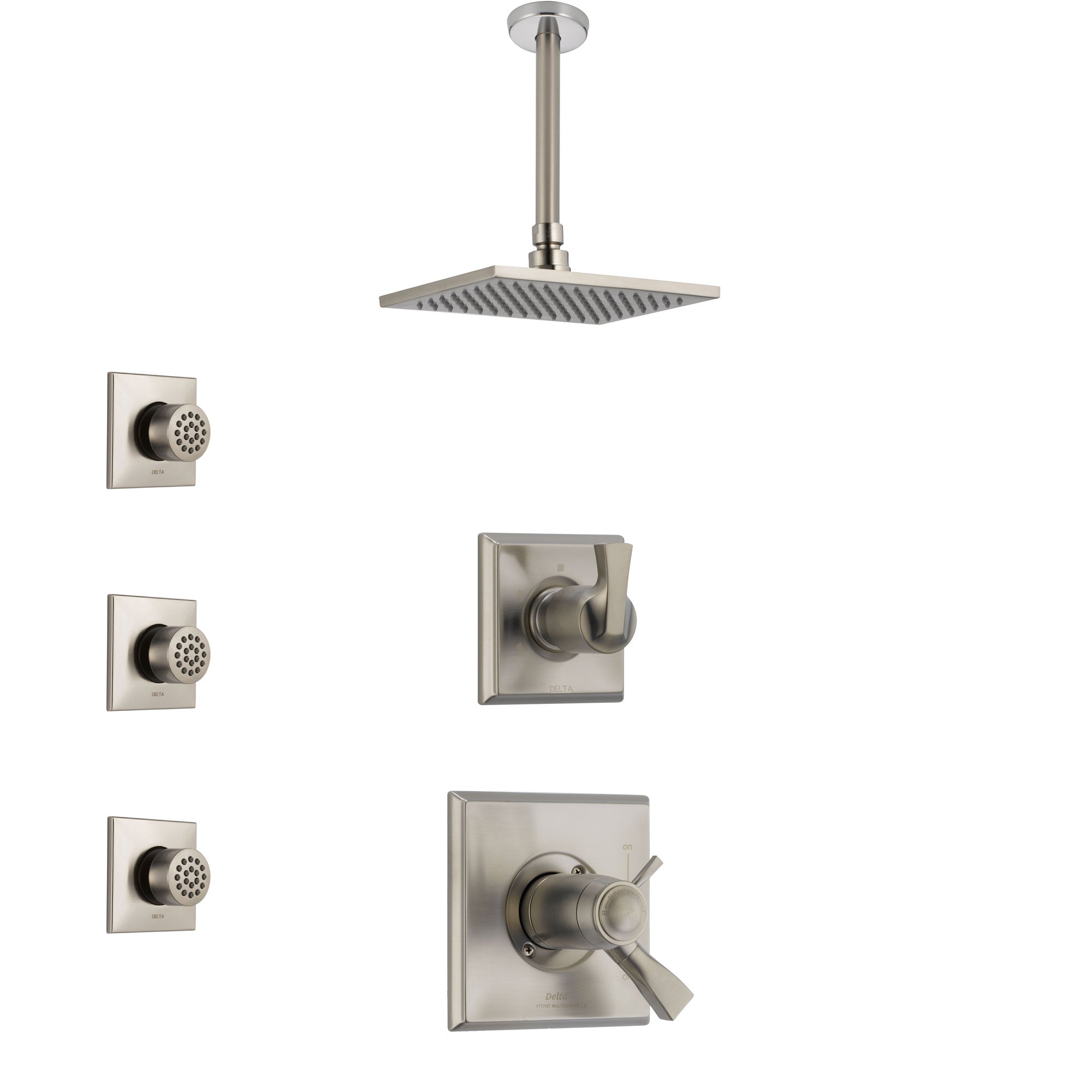 Delta Dryden Dual Thermostatic Control Handle Stainless Steel Finish Shower System, Diverter, Ceiling Mount Showerhead, and 3 Body Sprays SS17T511SS8