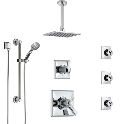 Delta Dryden Chrome Shower System with Dual Thermostatic Control, Diverter, Ceiling Showerhead, 3 Body Sprays, and Grab Bar Hand Shower SS17T5122